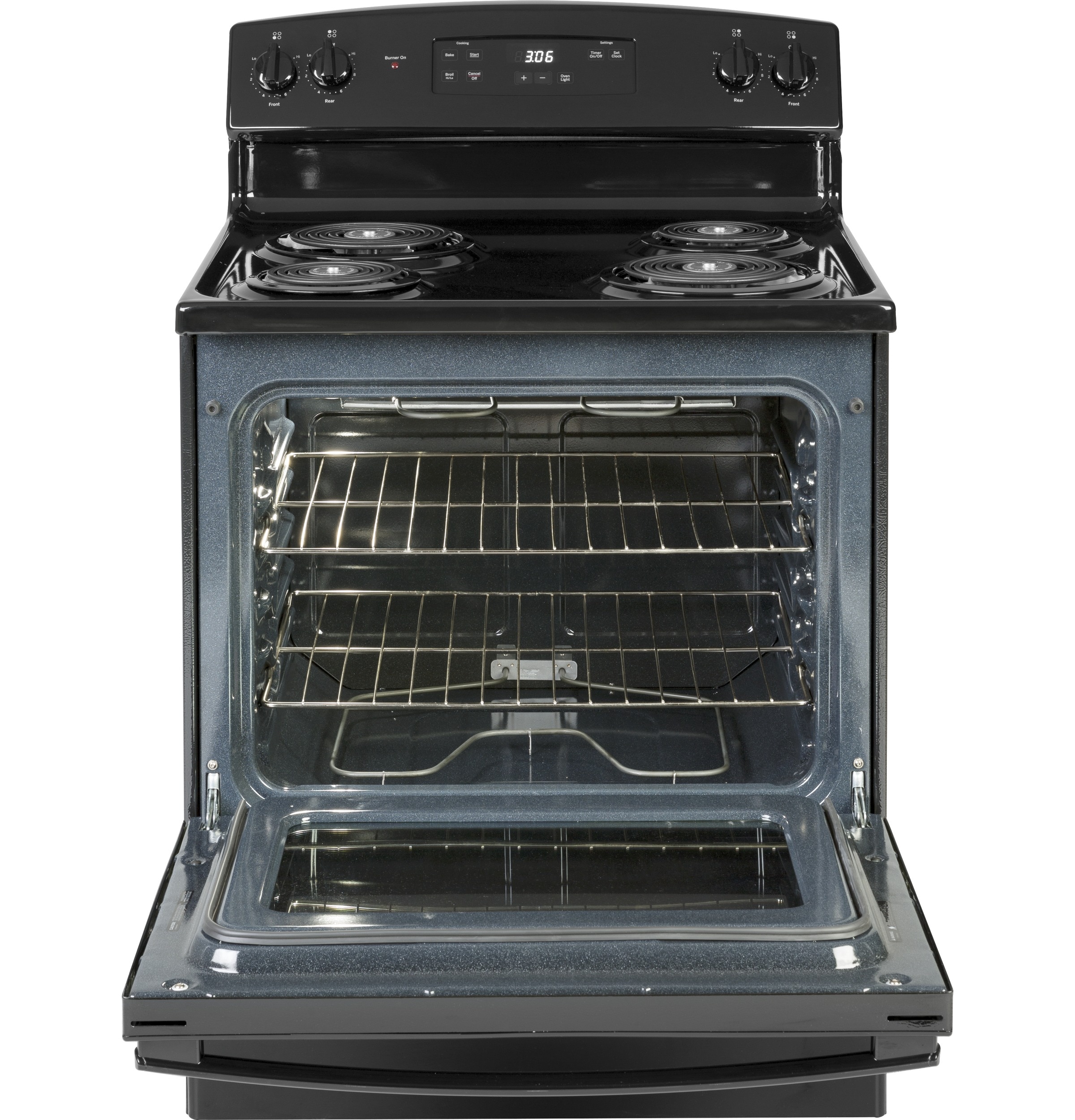 Estufa eléctrica independiente de 30 pulgadas con 4 quemadores y 5.0 pies cúbicos (Negra) JBS360DMBB