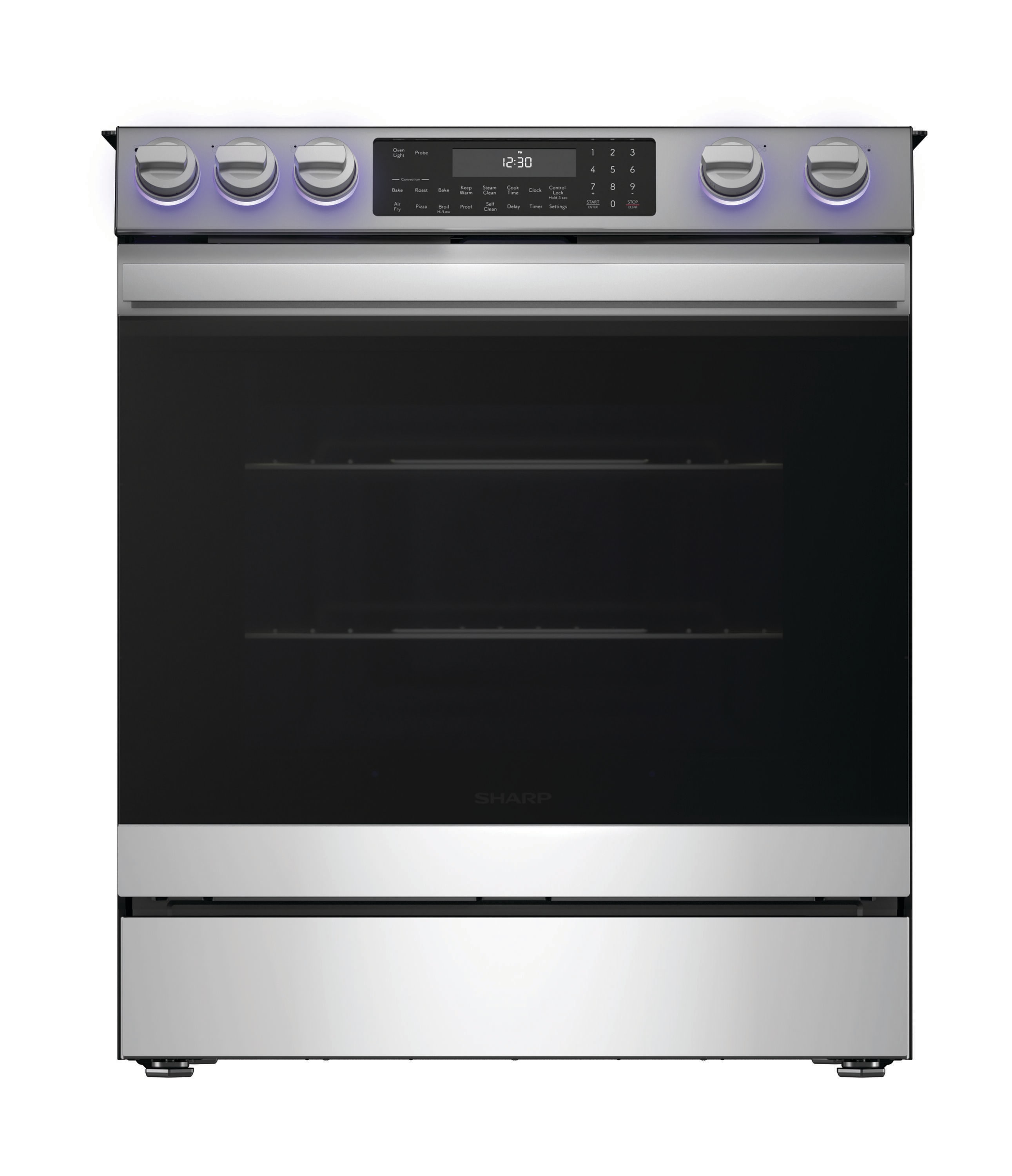 Estufa eléctrica deslizable con horno de convección y freidora de aire de 6.3 pies cúbicos y 5 quemadores de vidrio de 30 pulgadas (Acero inoxidable)