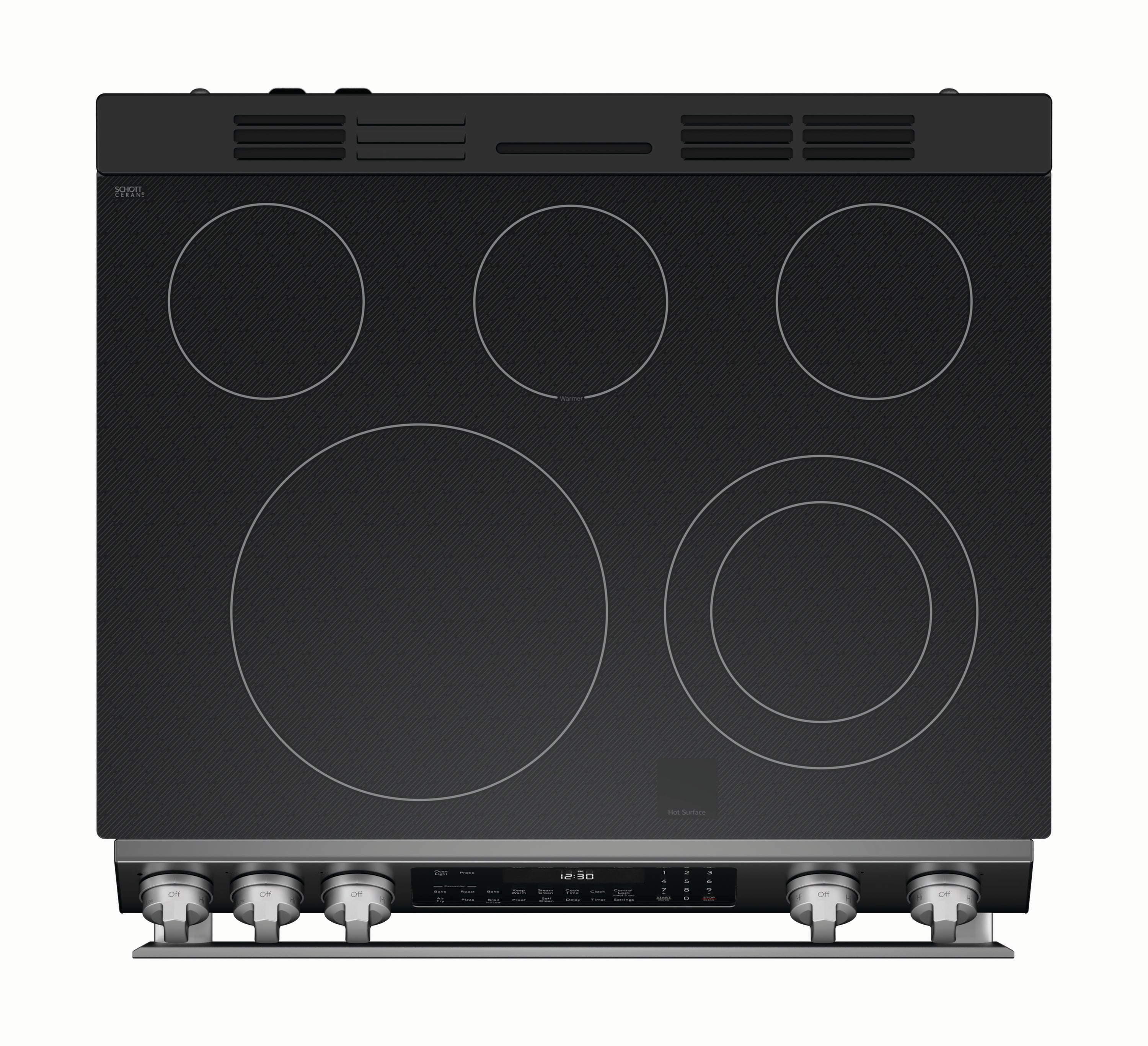Estufa eléctrica deslizable con horno de convección y freidora de aire de 6.3 pies cúbicos y 5 quemadores de vidrio de 30 pulgadas (Acero inoxidable)