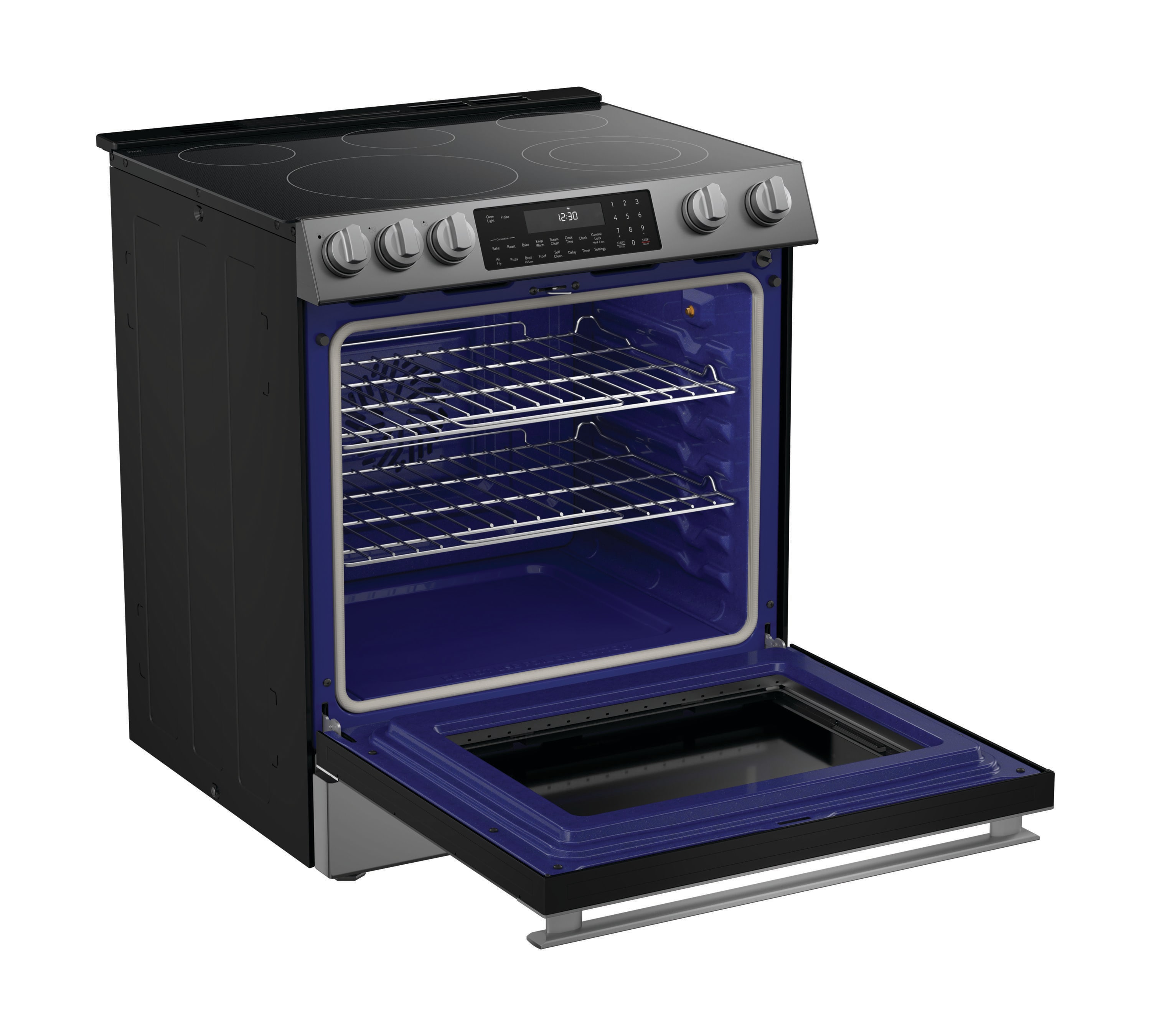 Estufa eléctrica deslizable con horno de convección y freidora de aire de 6.3 pies cúbicos y 5 quemadores de vidrio de 30 pulgadas (Acero inoxidable)