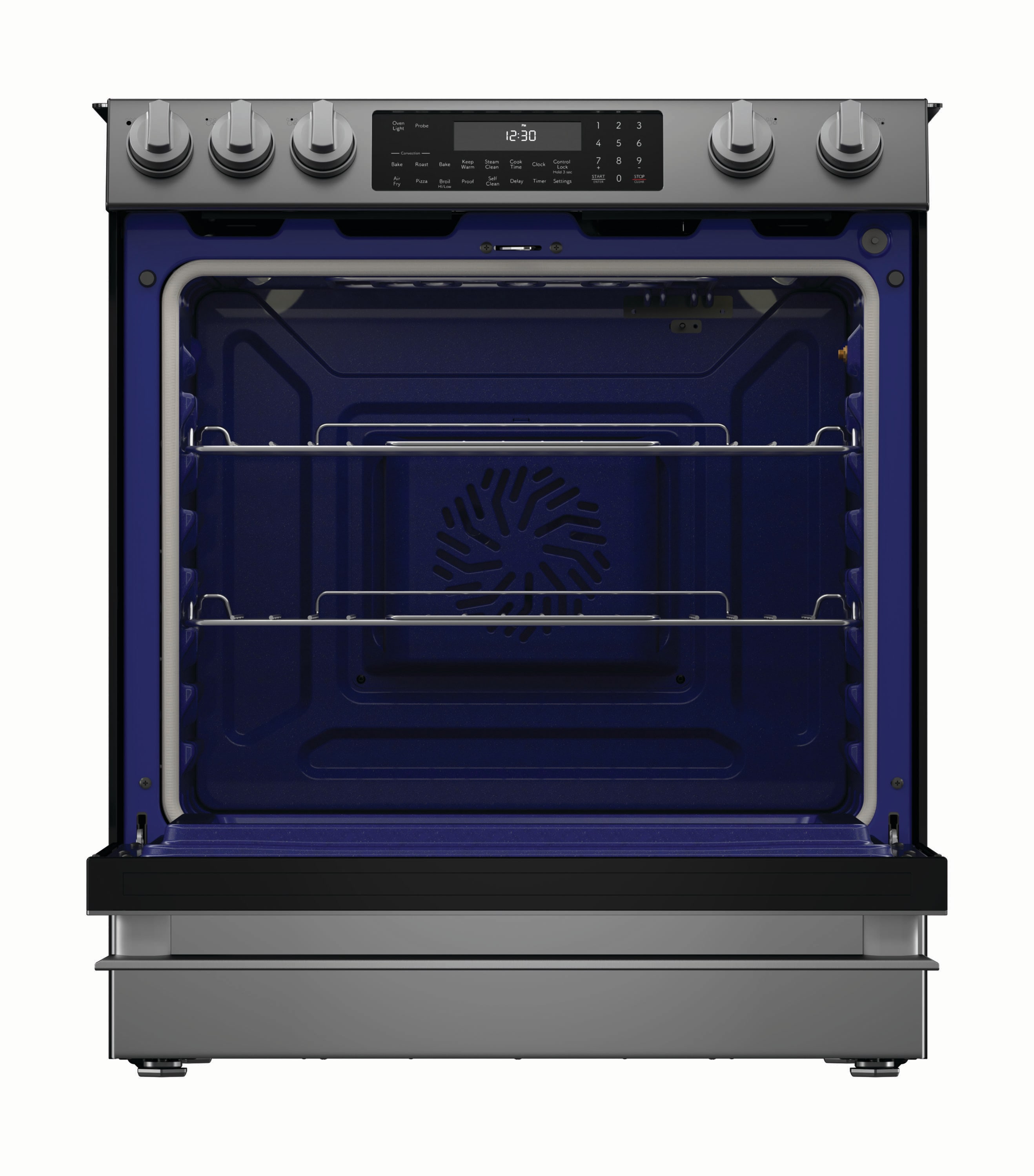 Estufa eléctrica deslizable con horno de convección y freidora de aire de 6.3 pies cúbicos y 5 quemadores de vidrio de 30 pulgadas (Acero inoxidable)