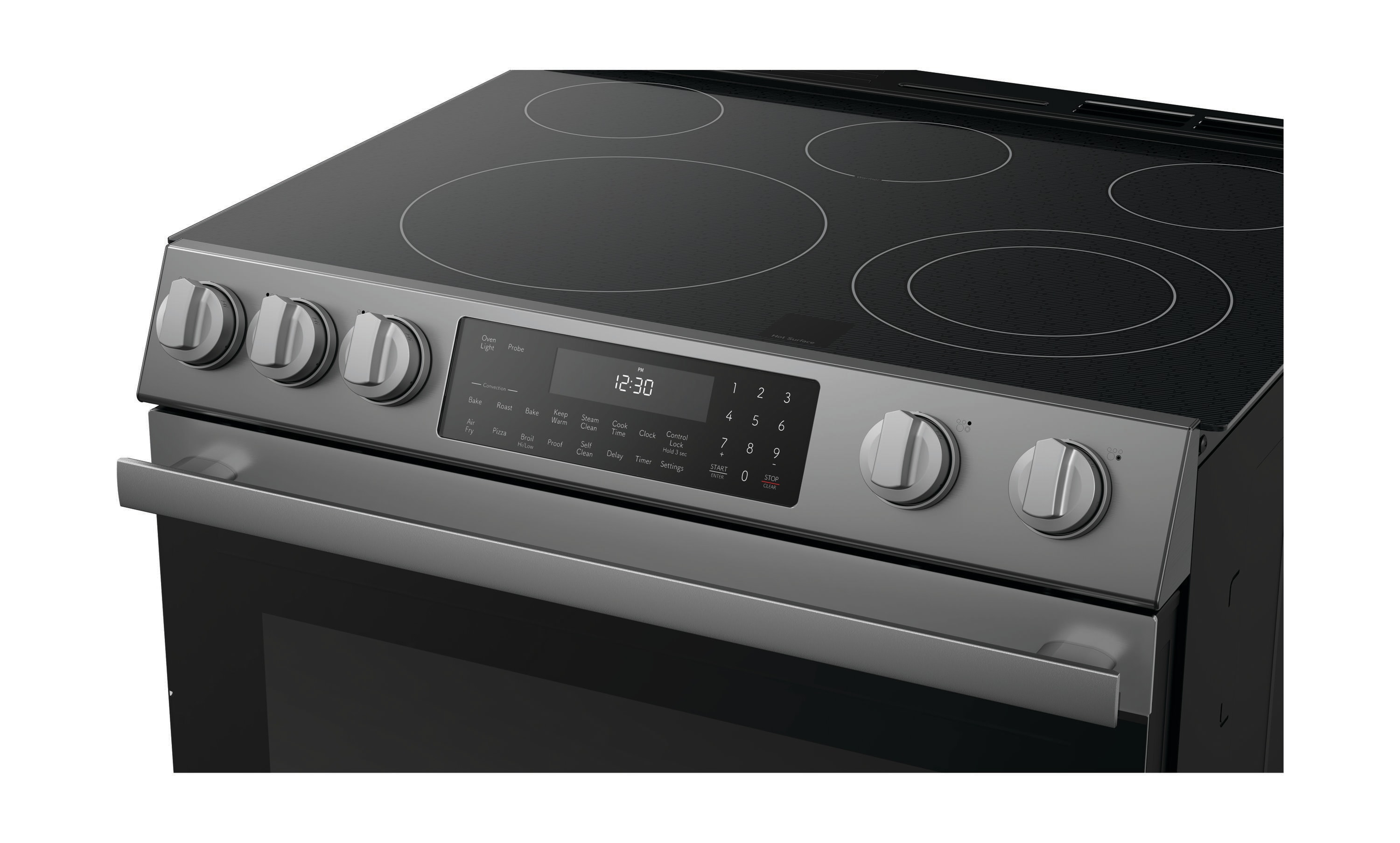 Estufa eléctrica deslizable con horno de convección y freidora de aire de 6.3 pies cúbicos y 5 quemadores de vidrio de 30 pulgadas (Acero inoxidable)