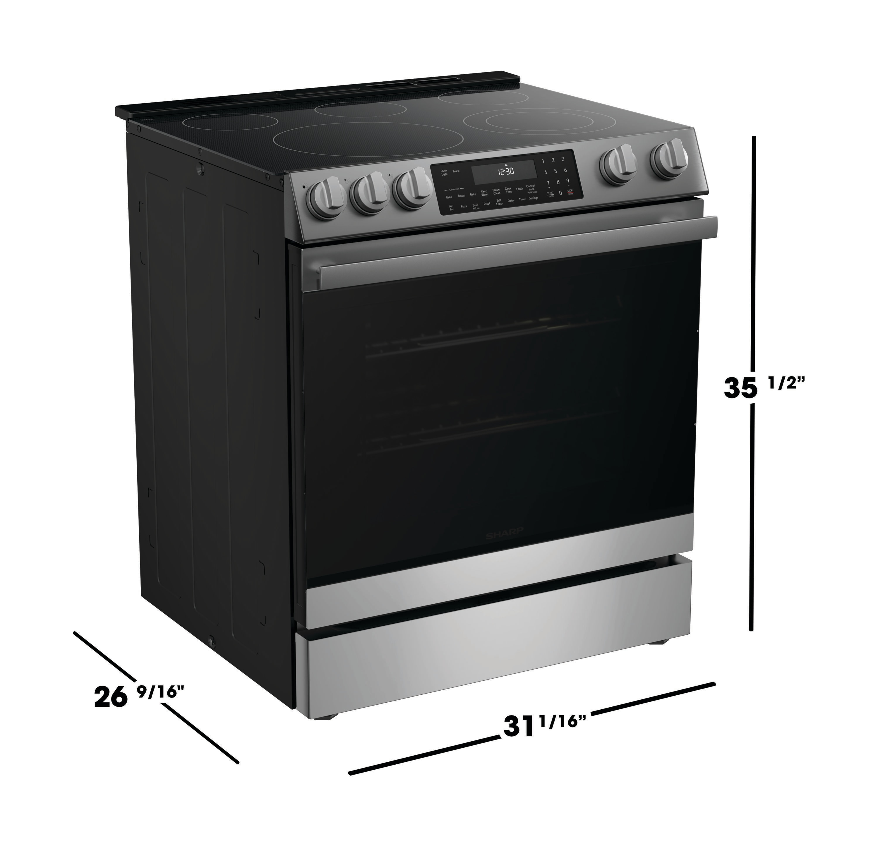 Estufa eléctrica deslizable con horno de convección y freidora de aire de 6.3 pies cúbicos y 5 quemadores de vidrio de 30 pulgadas (Acero inoxidable)