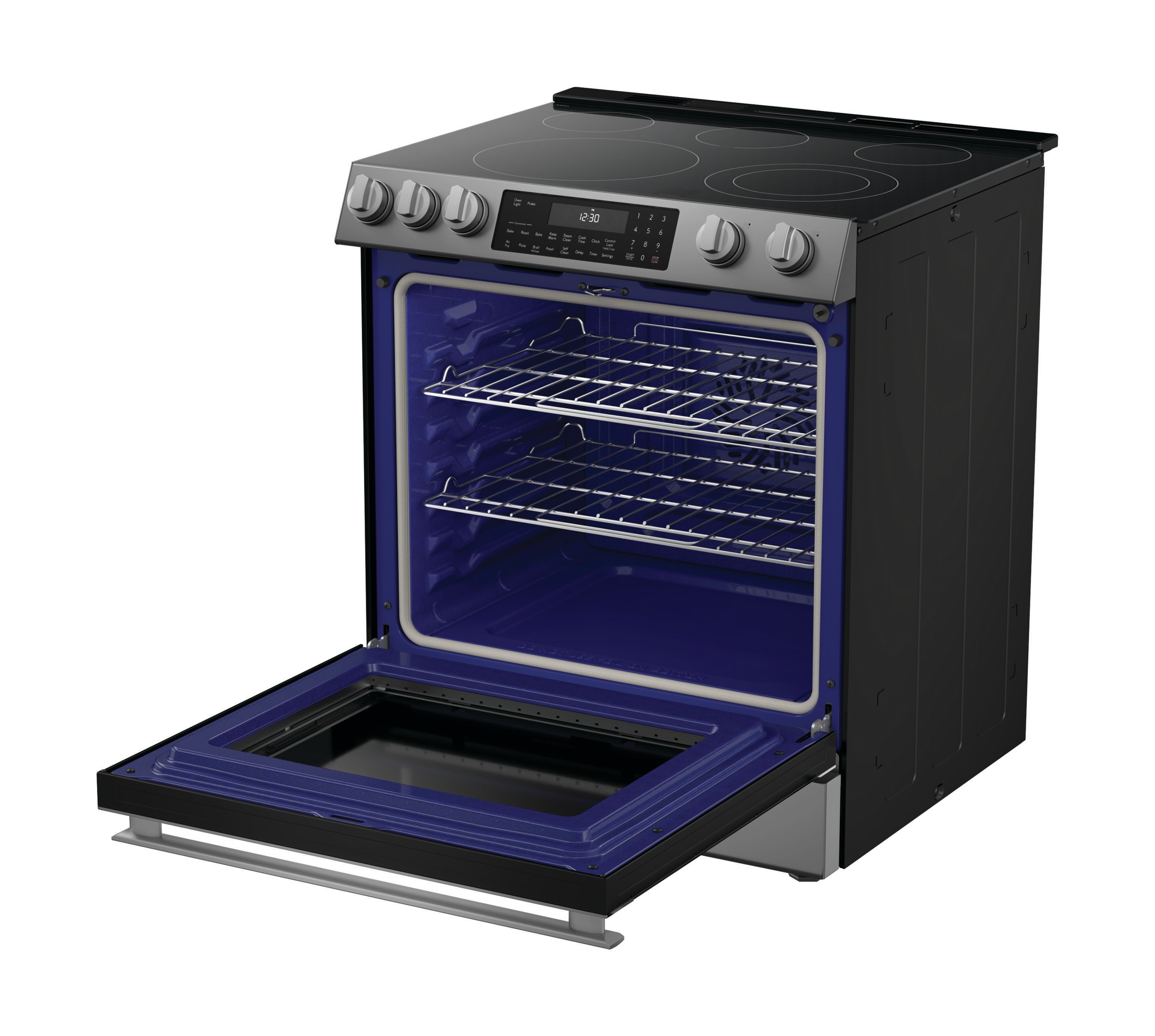 Estufa eléctrica deslizable con horno de convección y freidora de aire de 6.3 pies cúbicos y 5 quemadores de vidrio de 30 pulgadas (Acero inoxidable)
