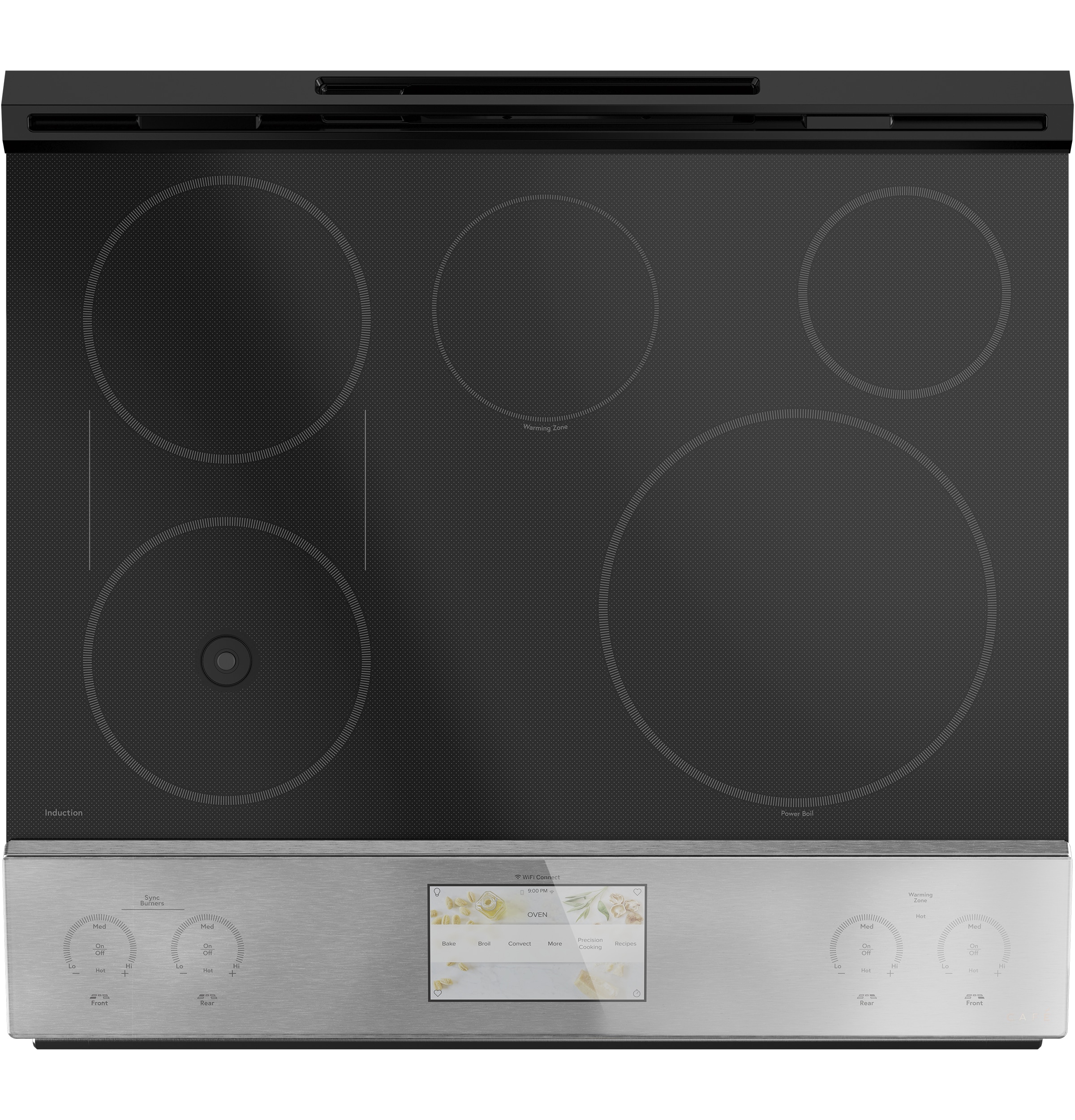 Estufa de Inducción Deslizable de Vidrio Moderno de 30 pulgadas con 5 quemadores, horno de convección de 5.7 pies cúbicos y 5.3 pies cúbicos (Vidrio Platino)