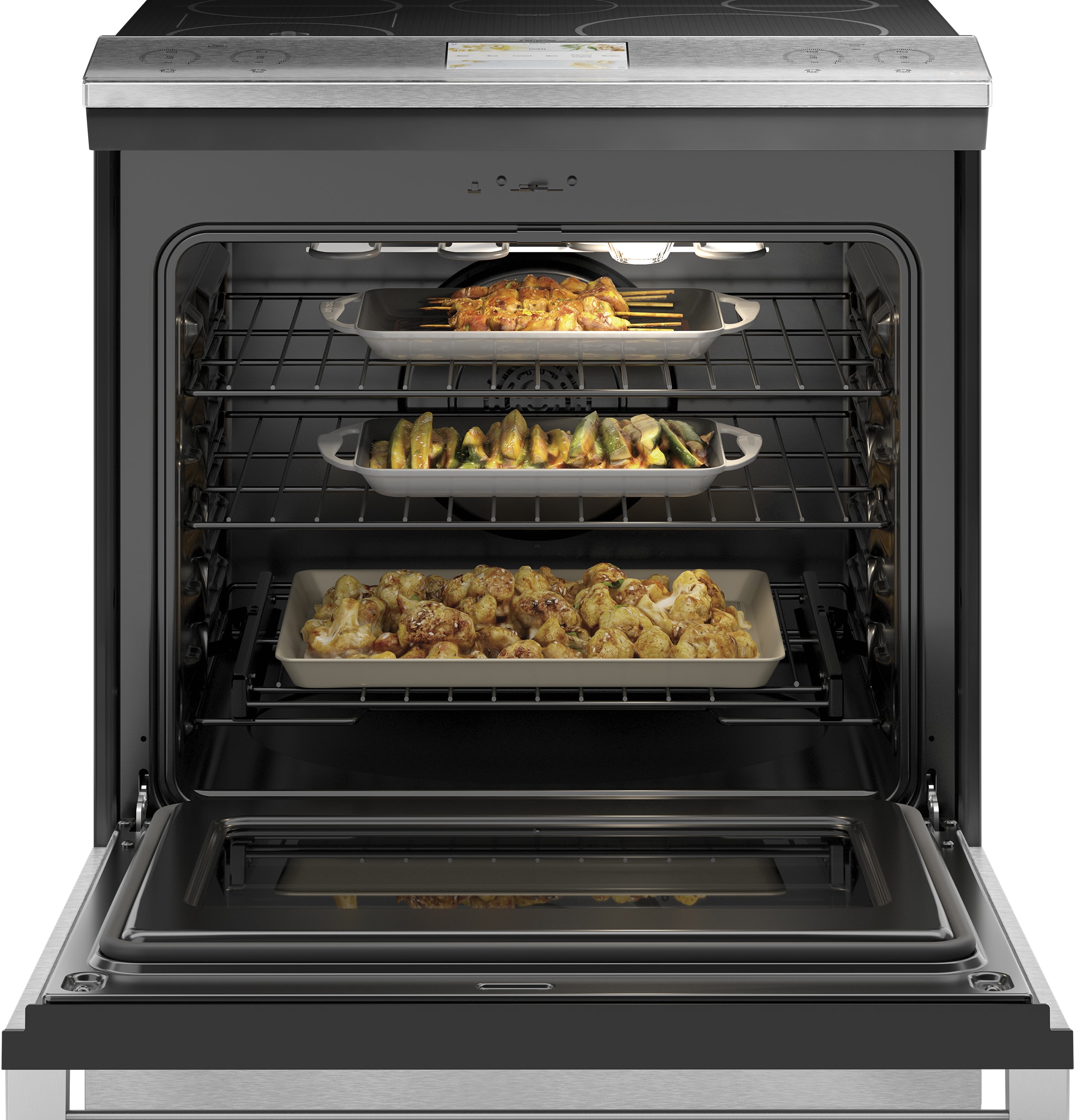 Estufa de Inducción Deslizable de Vidrio Moderno de 30 pulgadas con 5 quemadores, horno de convección de 5.7 pies cúbicos y 5.3 pies cúbicos (Vidrio Platino)