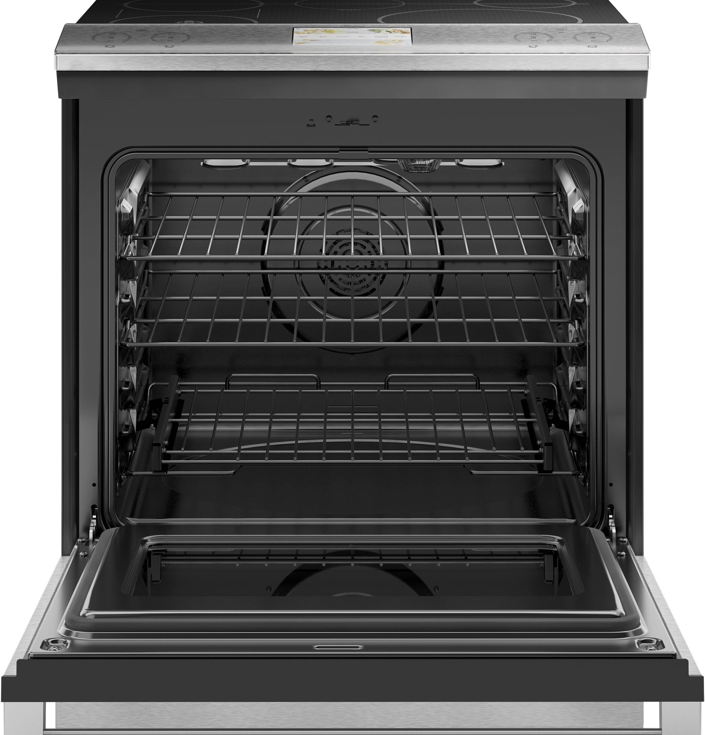 Estufa de Inducción Deslizable de Vidrio Moderno de 30 pulgadas con 5 quemadores, horno de convección de 5.7 pies cúbicos y 5.3 pies cúbicos (Vidrio Platino)