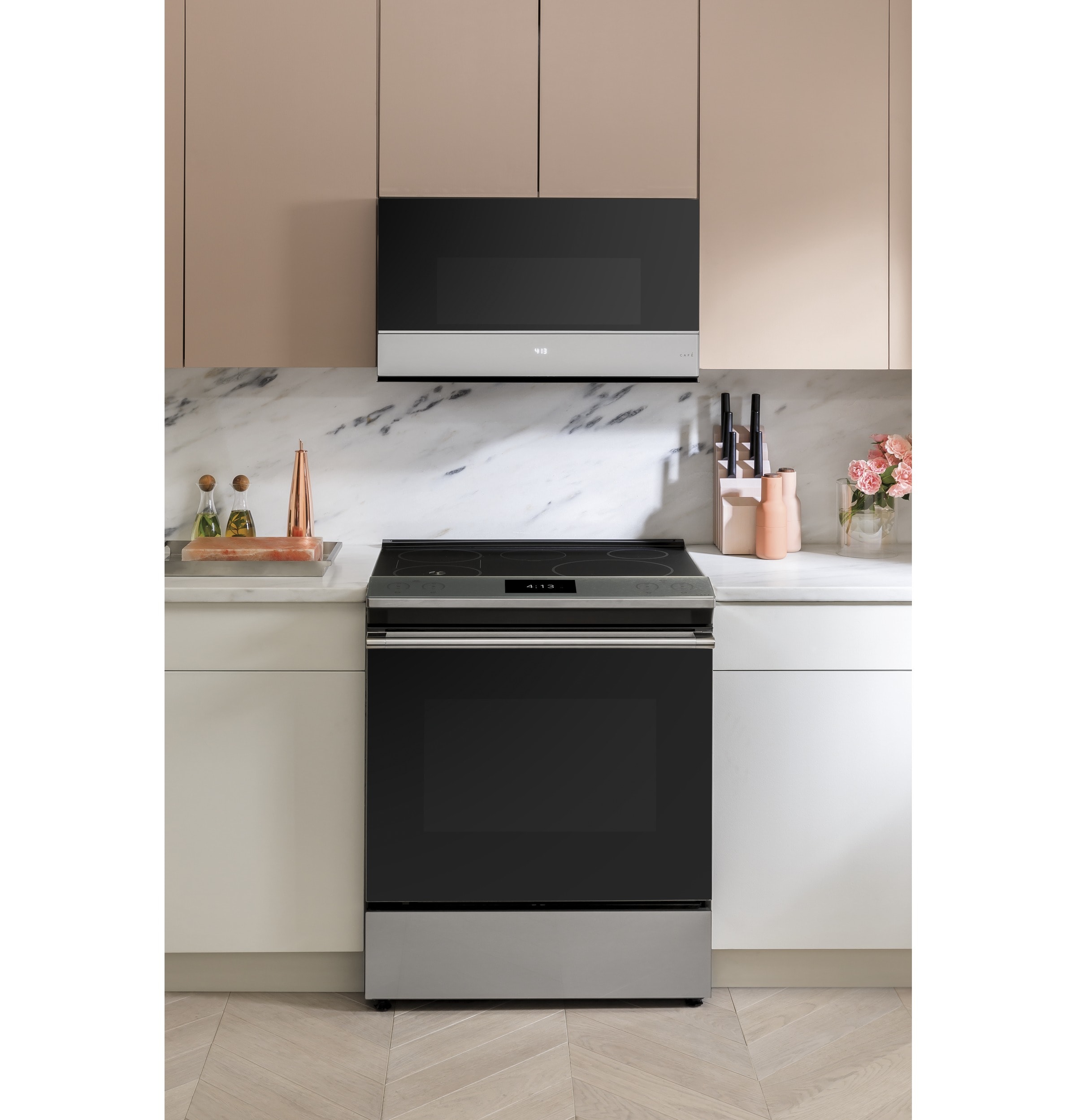 Estufa de Inducción Deslizable de Vidrio Moderno de 30 pulgadas con 5 quemadores, horno de convección de 5.7 pies cúbicos y 5.3 pies cúbicos (Vidrio Platino)