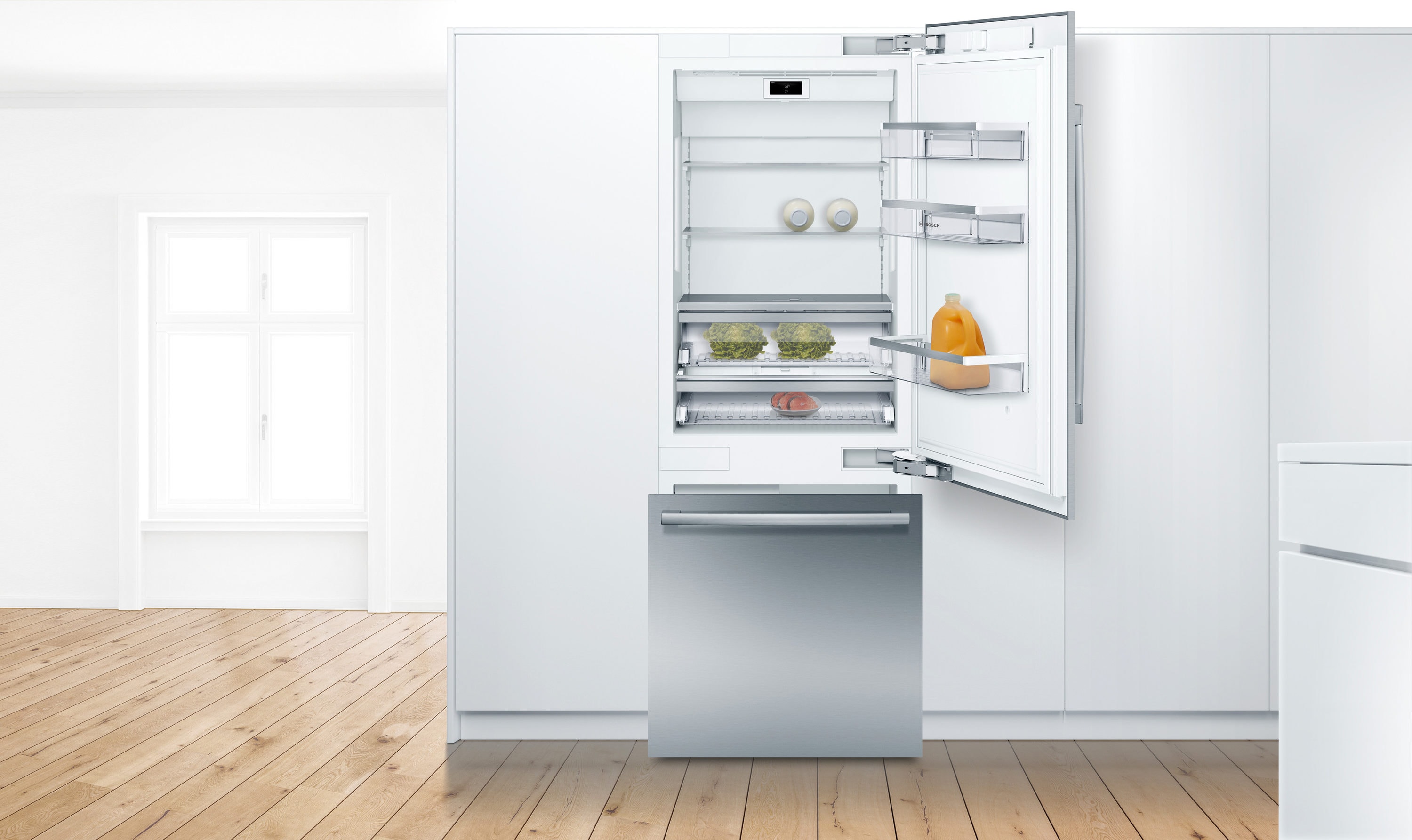 Refrigerador empotrado de fondo congelador de acero inoxidable de la Serie Bosch Benchmark de 16 pies cúbicos con máquina de hielo (Certificado ENERGY STAR) B30BB935SS