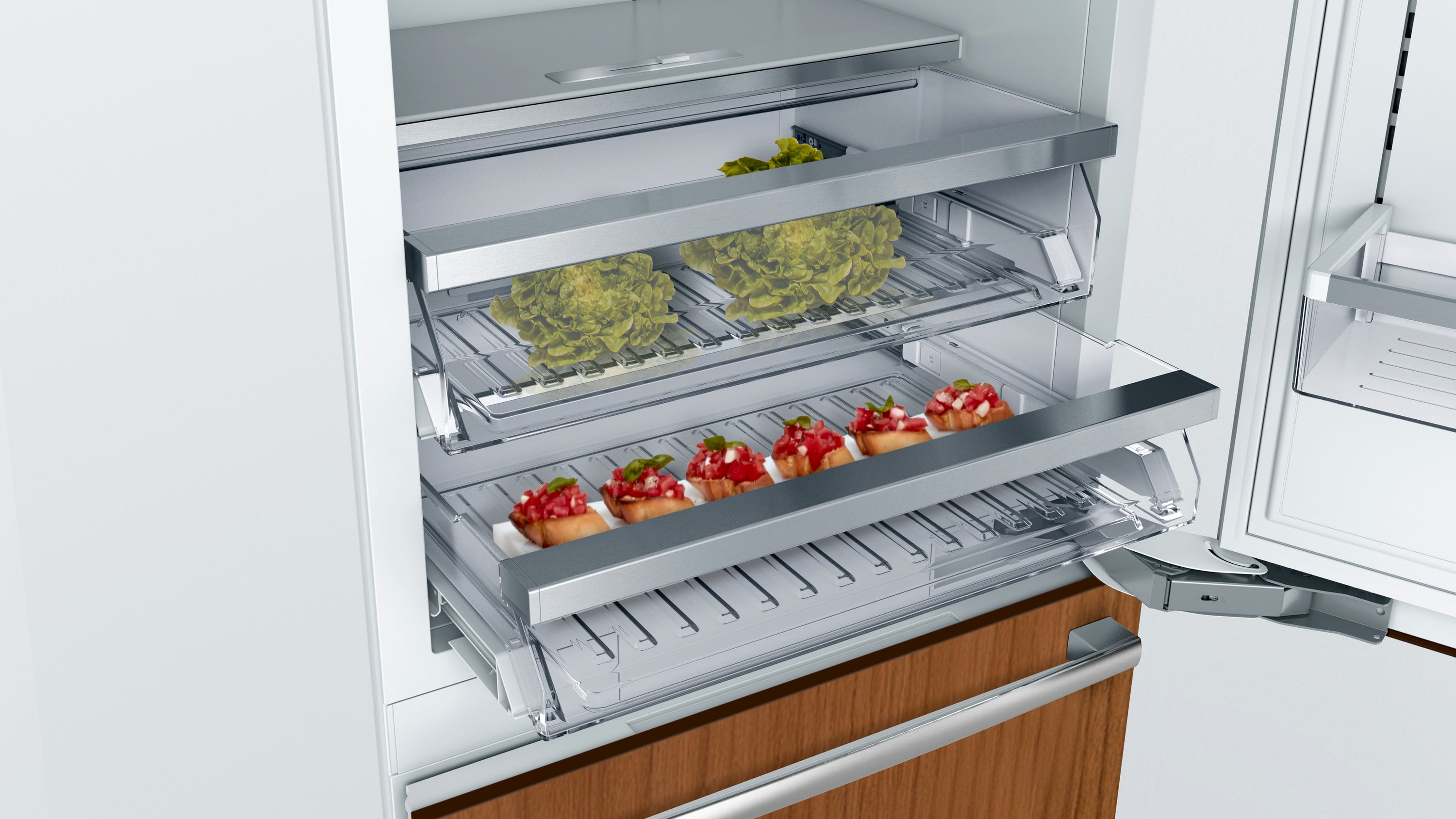 Refrigerador empotrado de profundidad de mostrador de 16 pies cúbicos de la serie Bosch Benchmark con congelador inferior y fabricador de hielo (Multi) certificado ENERGY STAR B30IB905SP