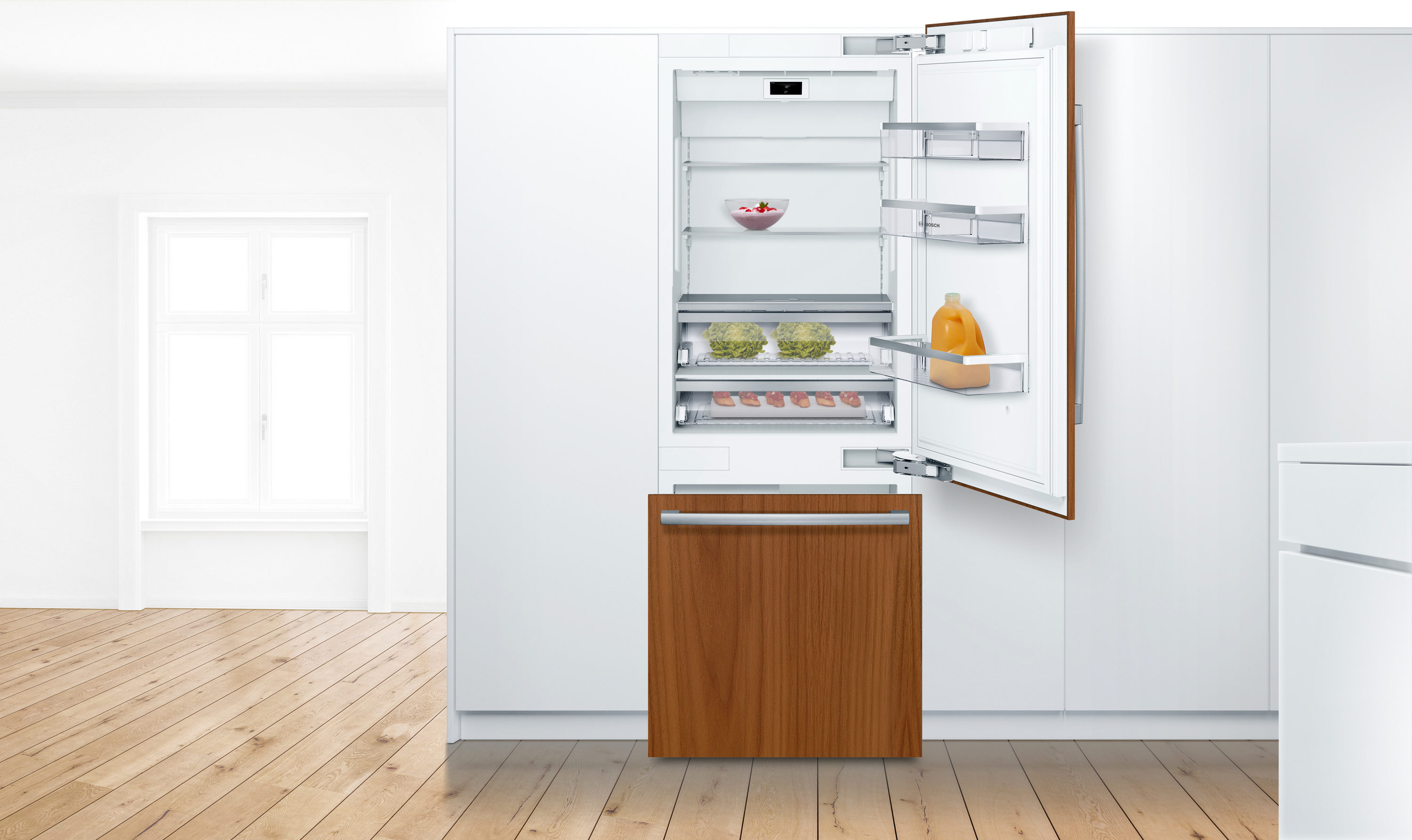 Refrigerador empotrado de profundidad de mostrador de 16 pies cúbicos de la serie Bosch Benchmark con congelador inferior y fabricador de hielo (Multi) certificado ENERGY STAR B30IB905SP