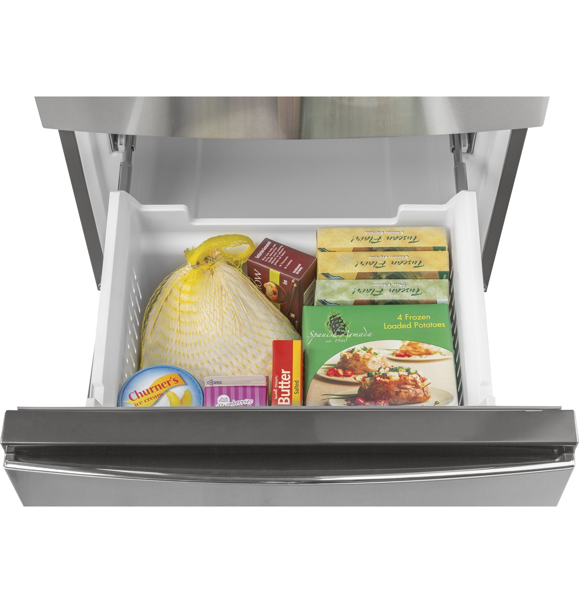 Refrigerador de fondo congelador GE de 11.9 pies cúbicos, con opción de fabricador de hielo (se vende por separado) en acero inoxidable certificado ENERGY STAR GLE12HSPSS