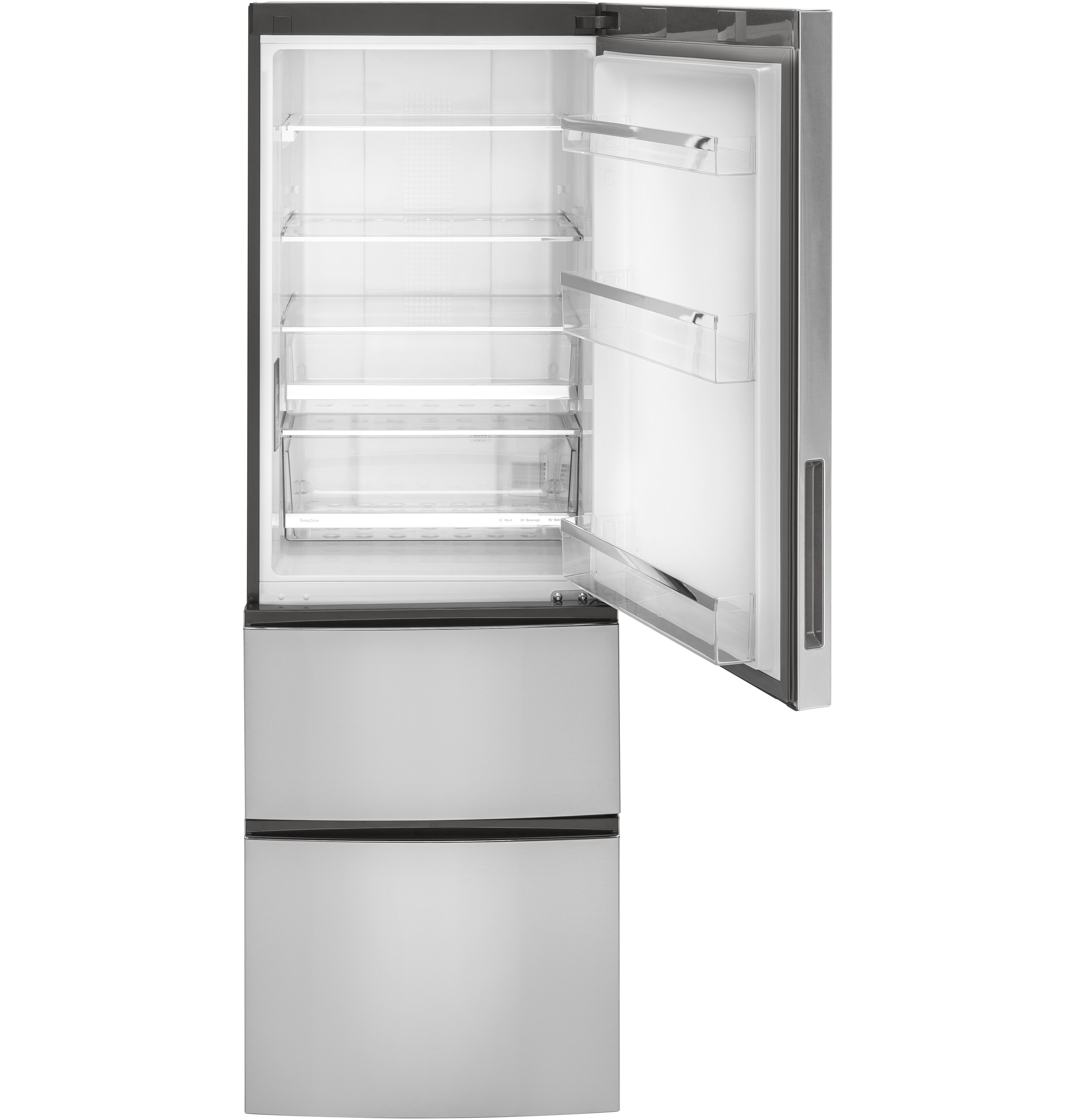 Refrigerador de fondo congelador GE de 11.9 pies cúbicos, con opción de fabricador de hielo (se vende por separado) en acero inoxidable certificado ENERGY STAR GLE12HSPSS