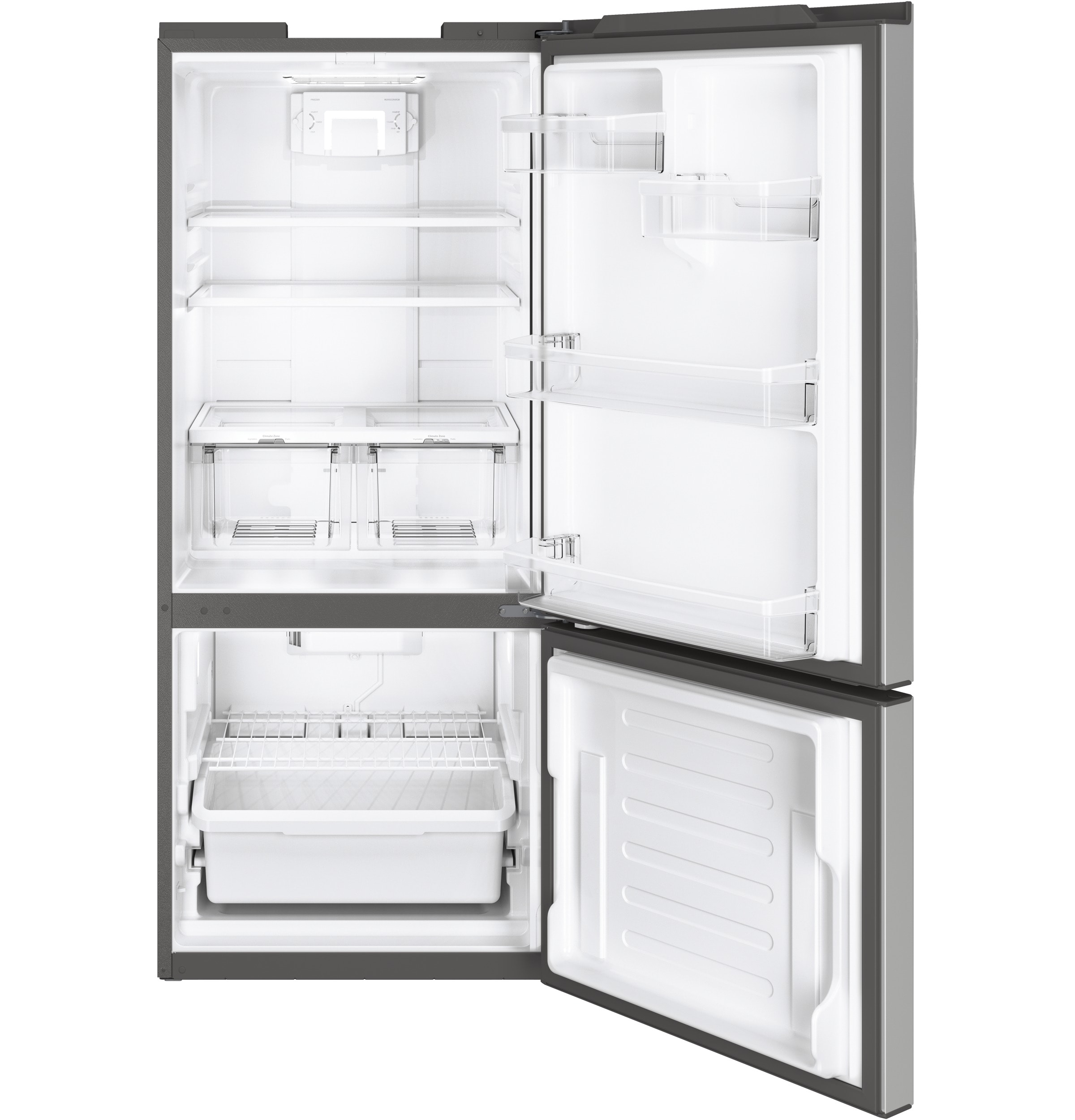 Refrigerador con congelador inferior estándar de 20.8 pies cúbicos GE con máquina de hielo opcional (se vende por separado) (Acero inoxidable) Certificado ENERGY STAR GBE21DYKFS