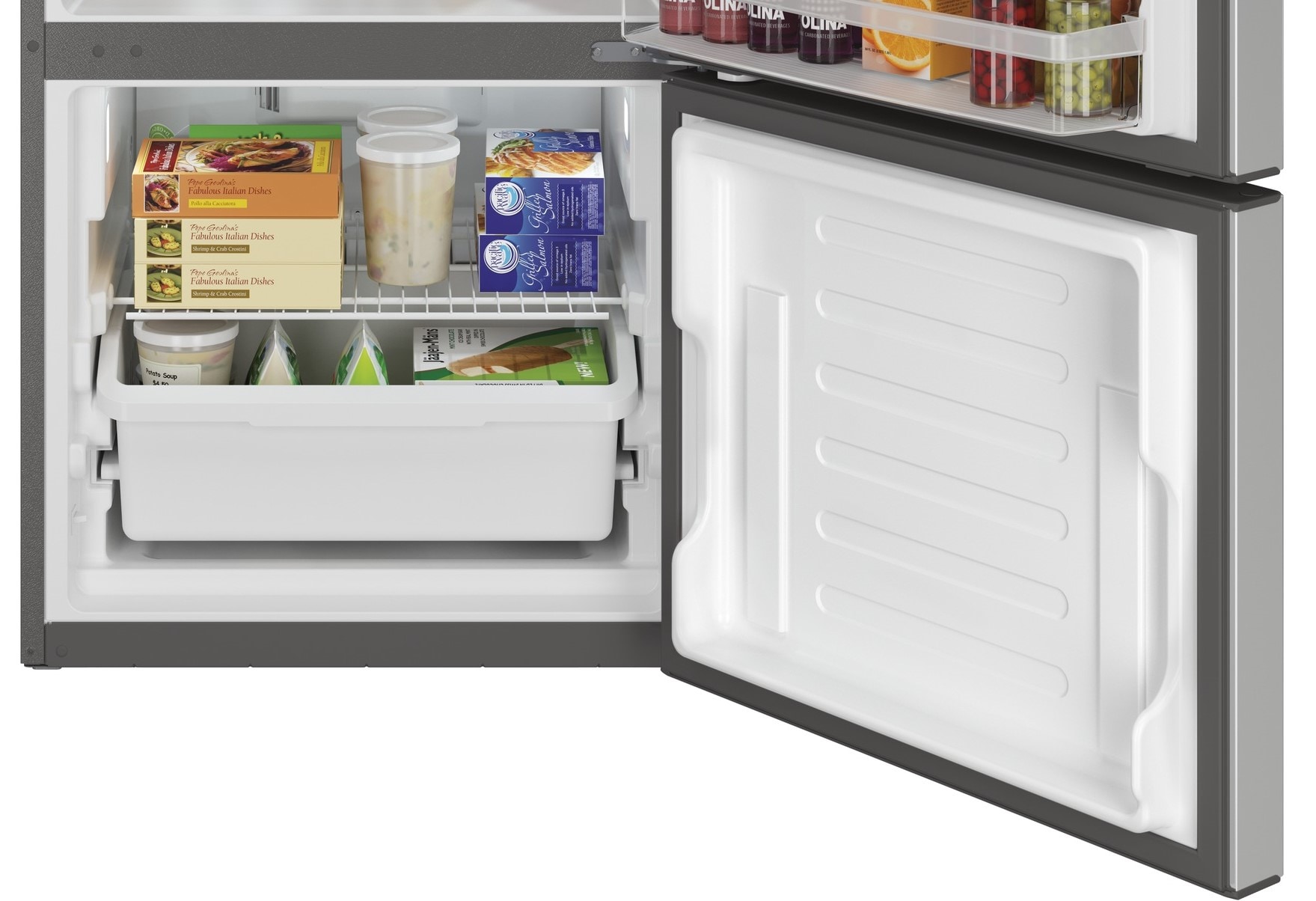 Refrigerador con congelador inferior estándar de 20.8 pies cúbicos GE con máquina de hielo opcional (se vende por separado) (Acero inoxidable) Certificado ENERGY STAR GBE21DYKFS