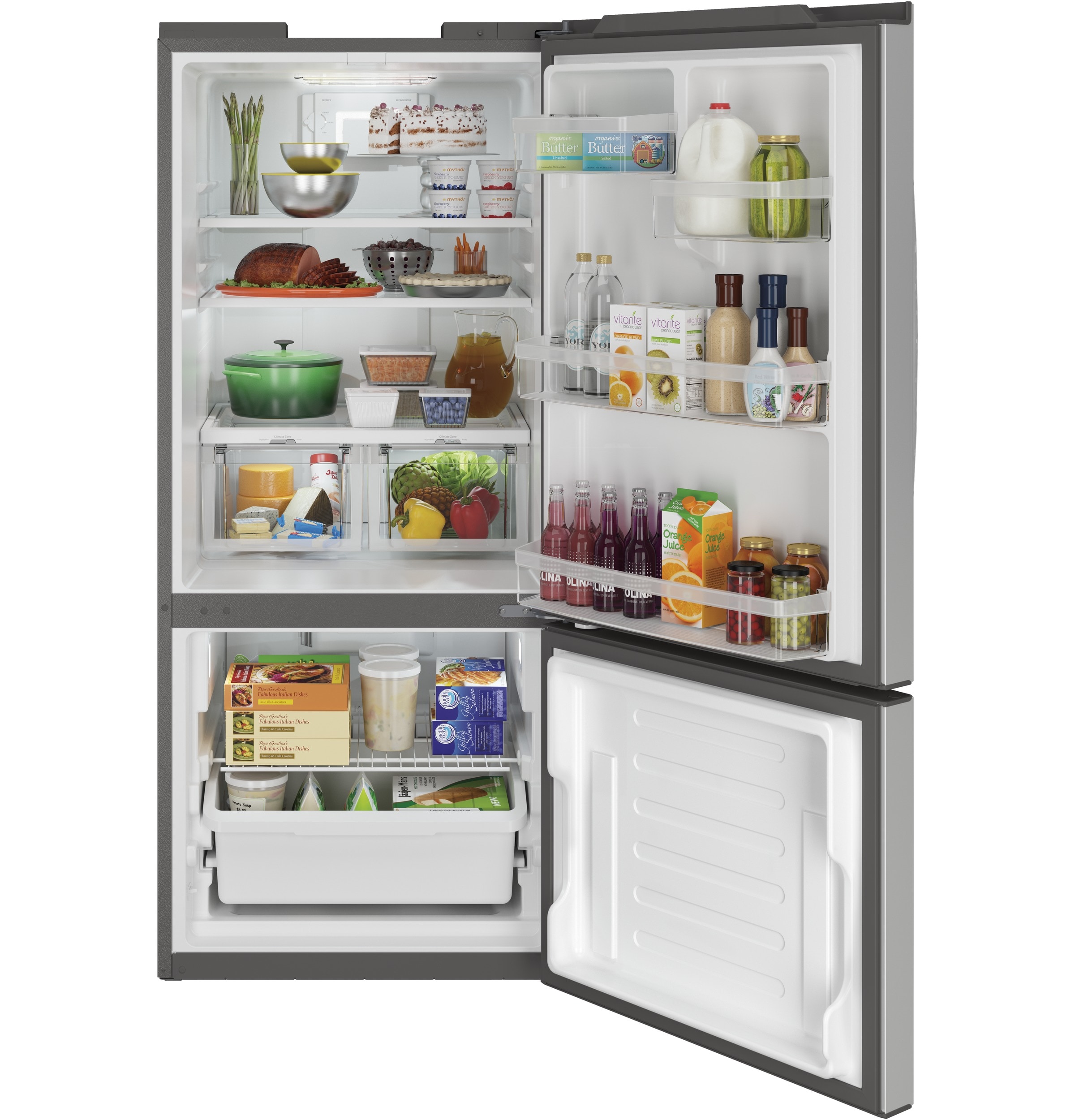 Refrigerador con congelador inferior estándar de 20.8 pies cúbicos GE con máquina de hielo opcional (se vende por separado) (Acero inoxidable) Certificado ENERGY STAR GBE21DYKFS