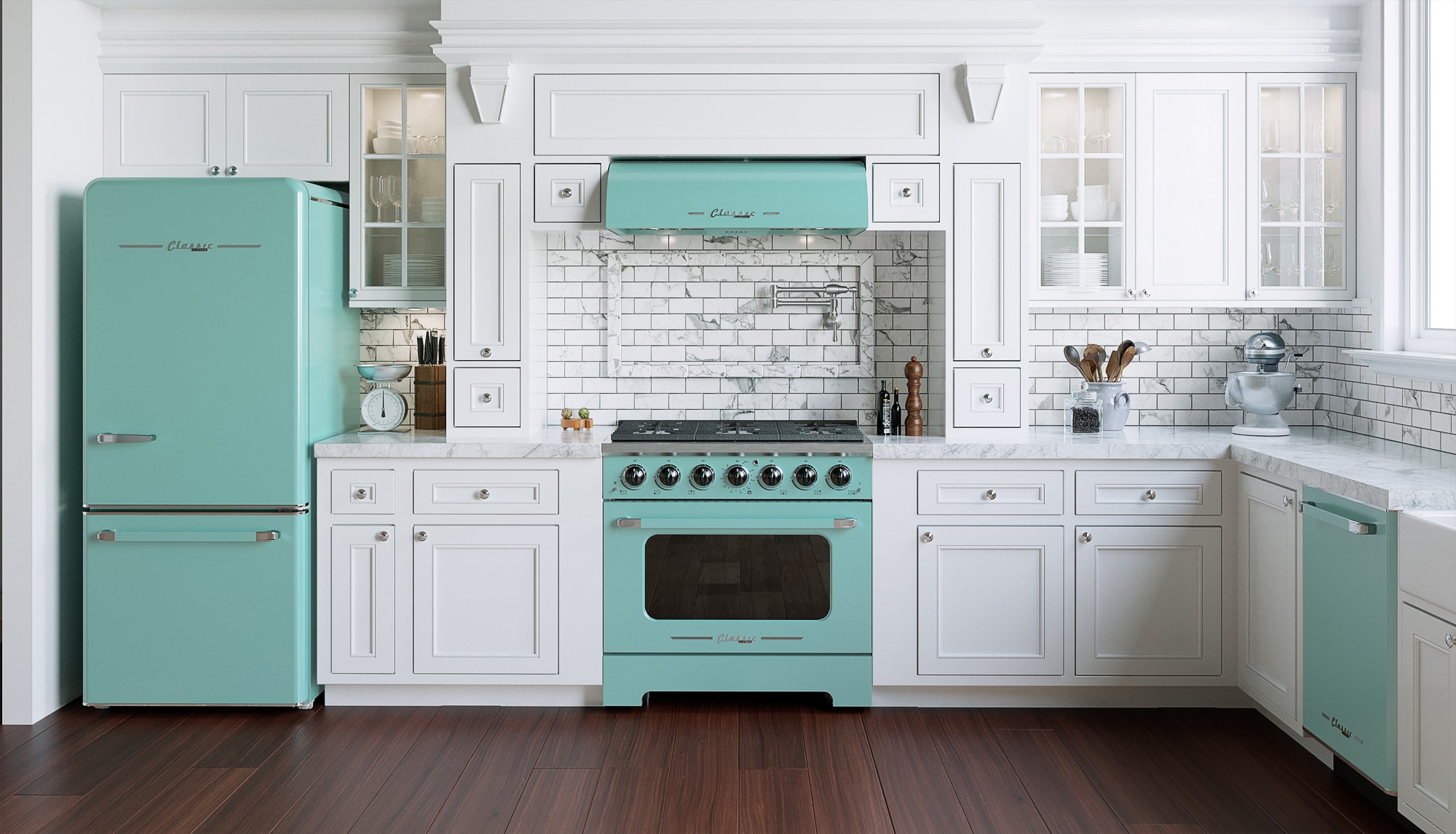 Refrigerador Retro Clásico ÚNICO de 17.7 pies cúbicos de Profundidad de Mostrador con Congelador Inferior y Fabricador de Hielo (Turquesa Bruma Oceánica) Certificado ENERGY STAR UGP-510L T AC