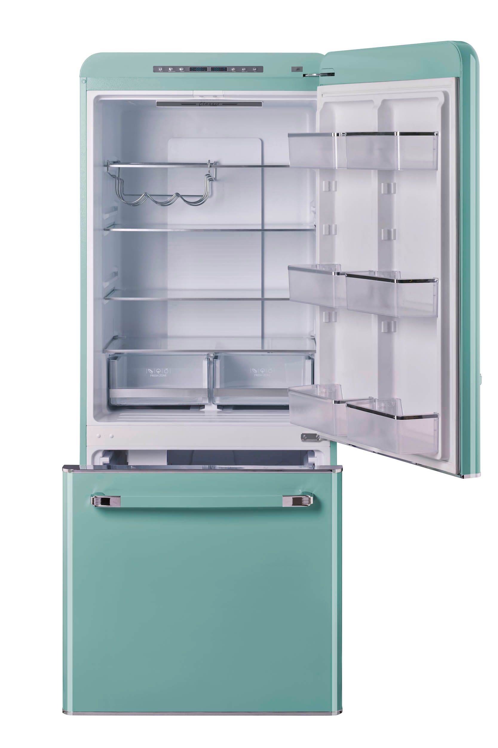Refrigerador Retro Clásico ÚNICO de 17.7 pies cúbicos de Profundidad de Mostrador con Congelador Inferior y Fabricador de Hielo (Turquesa Bruma Oceánica) Certificado ENERGY STAR UGP-510L T AC