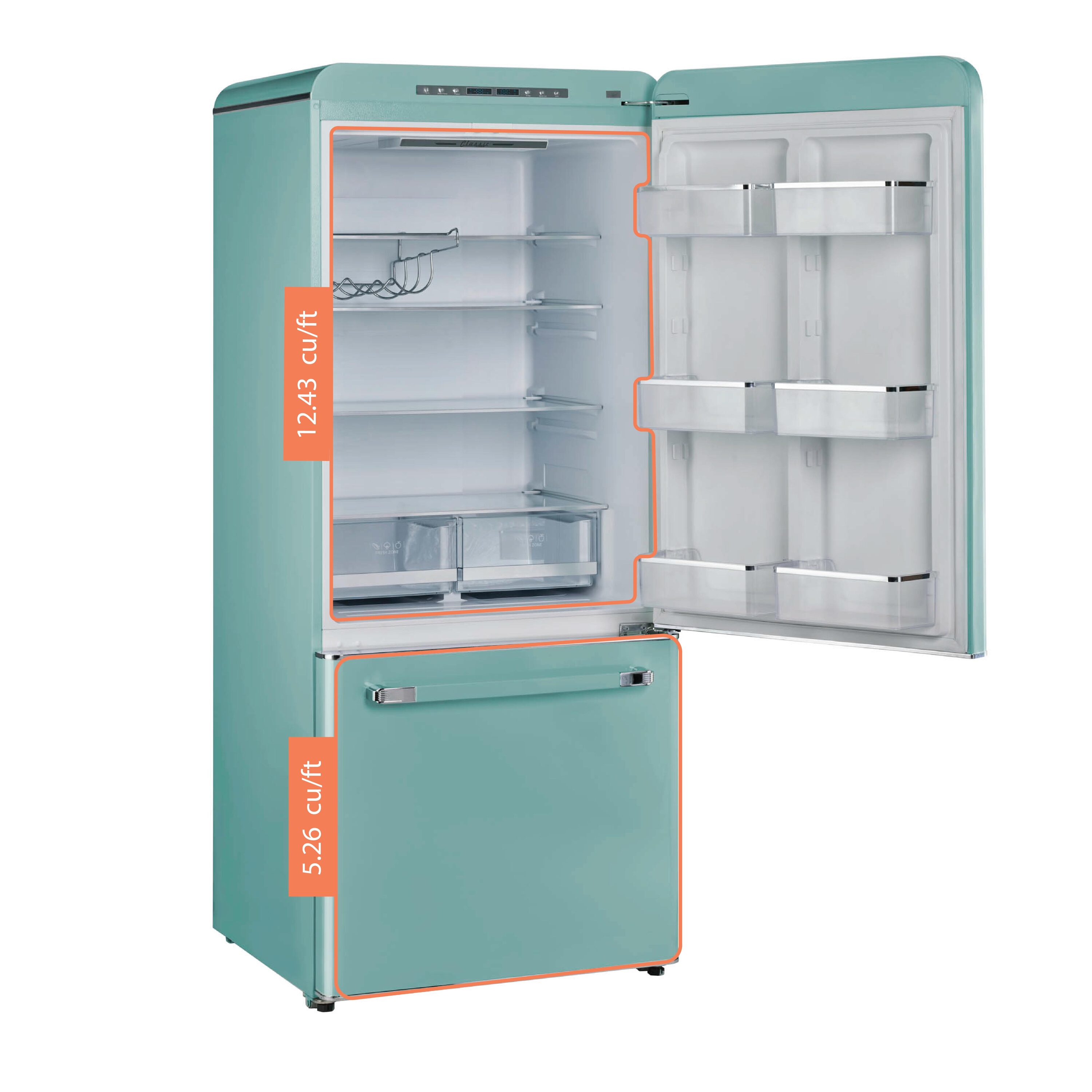 Refrigerador Retro Clásico ÚNICO de 17.7 pies cúbicos de Profundidad de Mostrador con Congelador Inferior y Fabricador de Hielo (Turquesa Bruma Oceánica) Certificado ENERGY STAR UGP-510L T AC