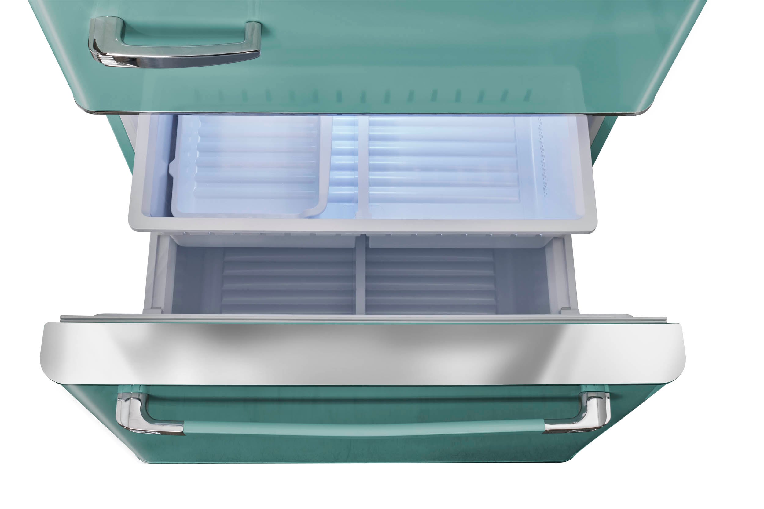 Refrigerador Retro Clásico ÚNICO de 17.7 pies cúbicos de Profundidad de Mostrador con Congelador Inferior y Fabricador de Hielo (Turquesa Bruma Oceánica) Certificado ENERGY STAR UGP-510L T AC