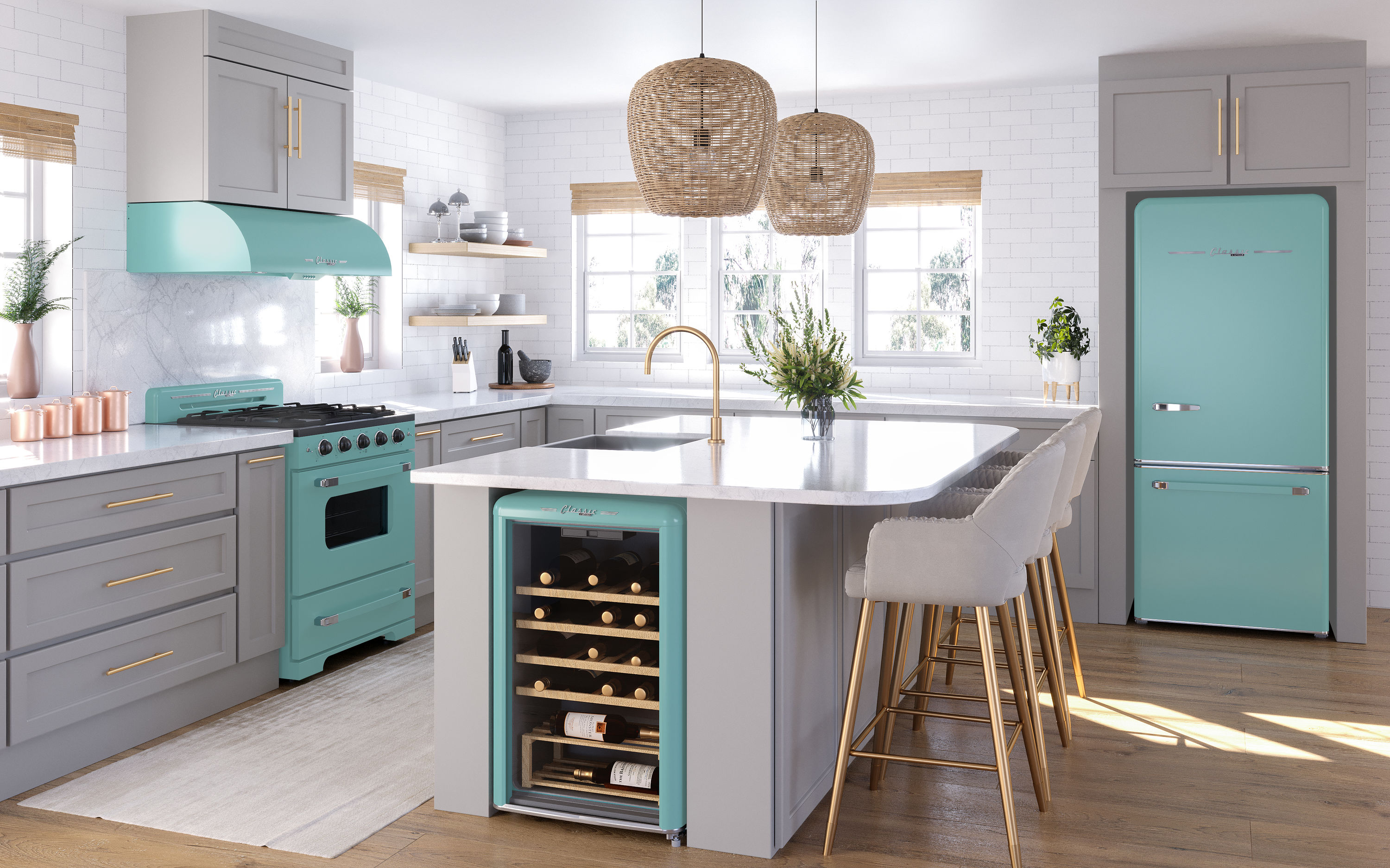 Refrigerador Retro Clásico ÚNICO de 17.7 pies cúbicos de Profundidad de Mostrador con Congelador Inferior y Fabricador de Hielo (Turquesa Bruma Oceánica) Certificado ENERGY STAR UGP-510L T AC