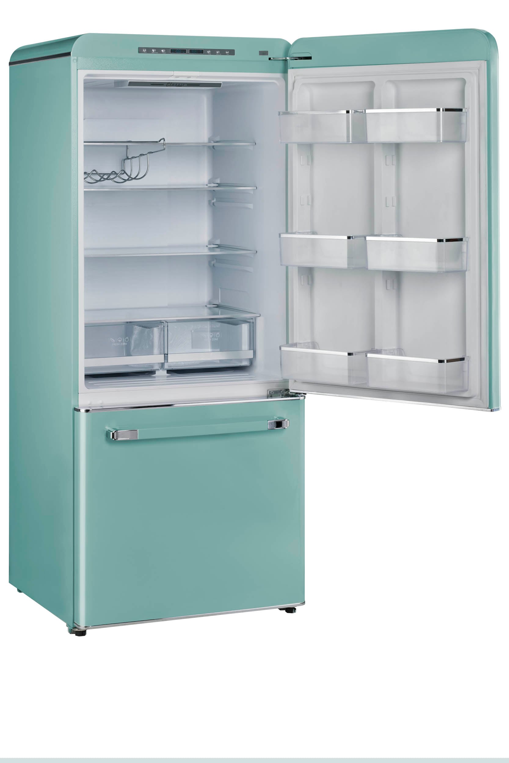 Refrigerador Retro Clásico ÚNICO de 17.7 pies cúbicos de Profundidad de Mostrador con Congelador Inferior y Fabricador de Hielo (Turquesa Bruma Oceánica) Certificado ENERGY STAR UGP-510L T AC