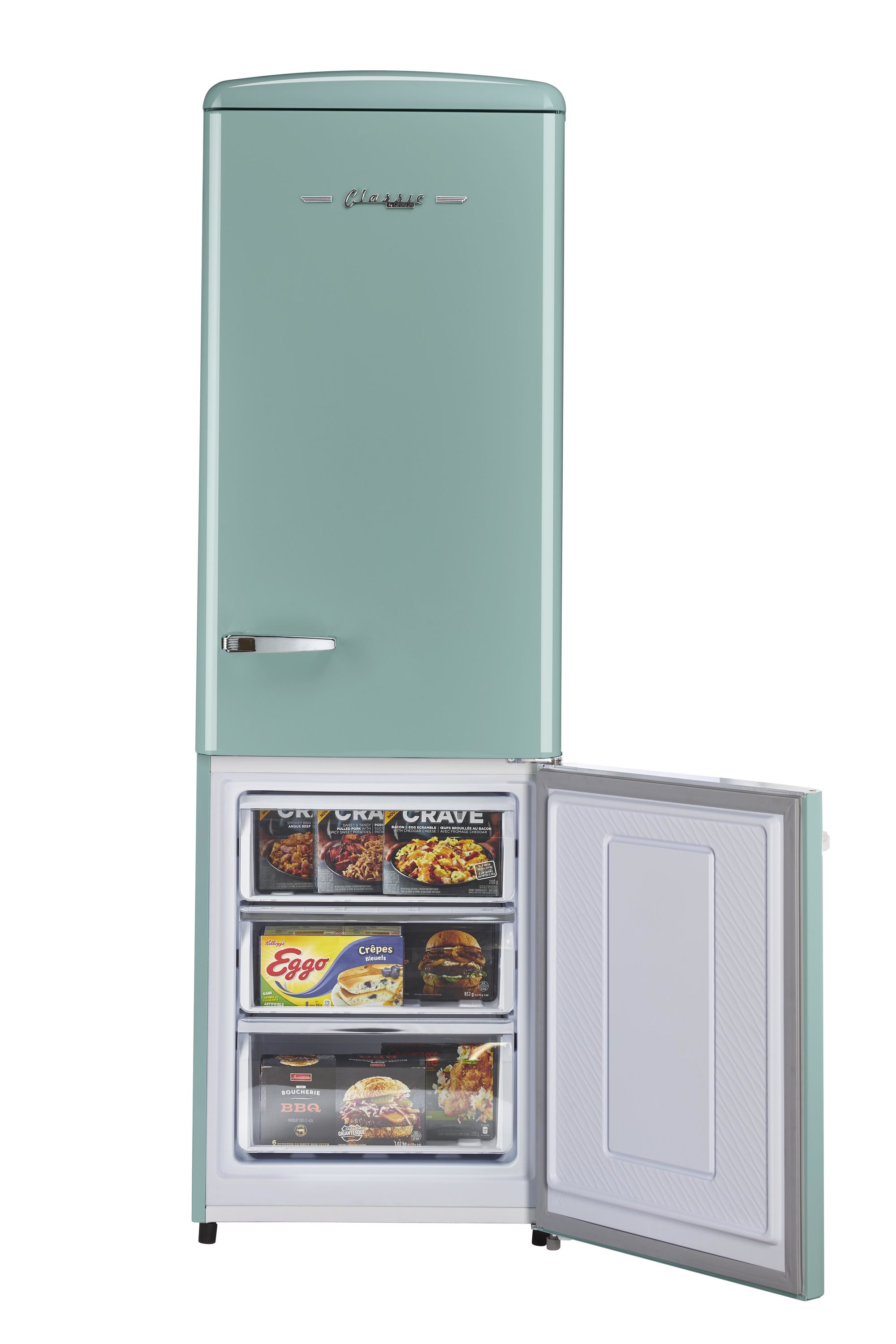Refrigerador único de estilo clásico retro con congelador inferior de 11.7 pies cúbicos de profundidad de mostrador en color Ocean Mist Turquesa, certificado ENERGY STAR UGP-330L T AC.