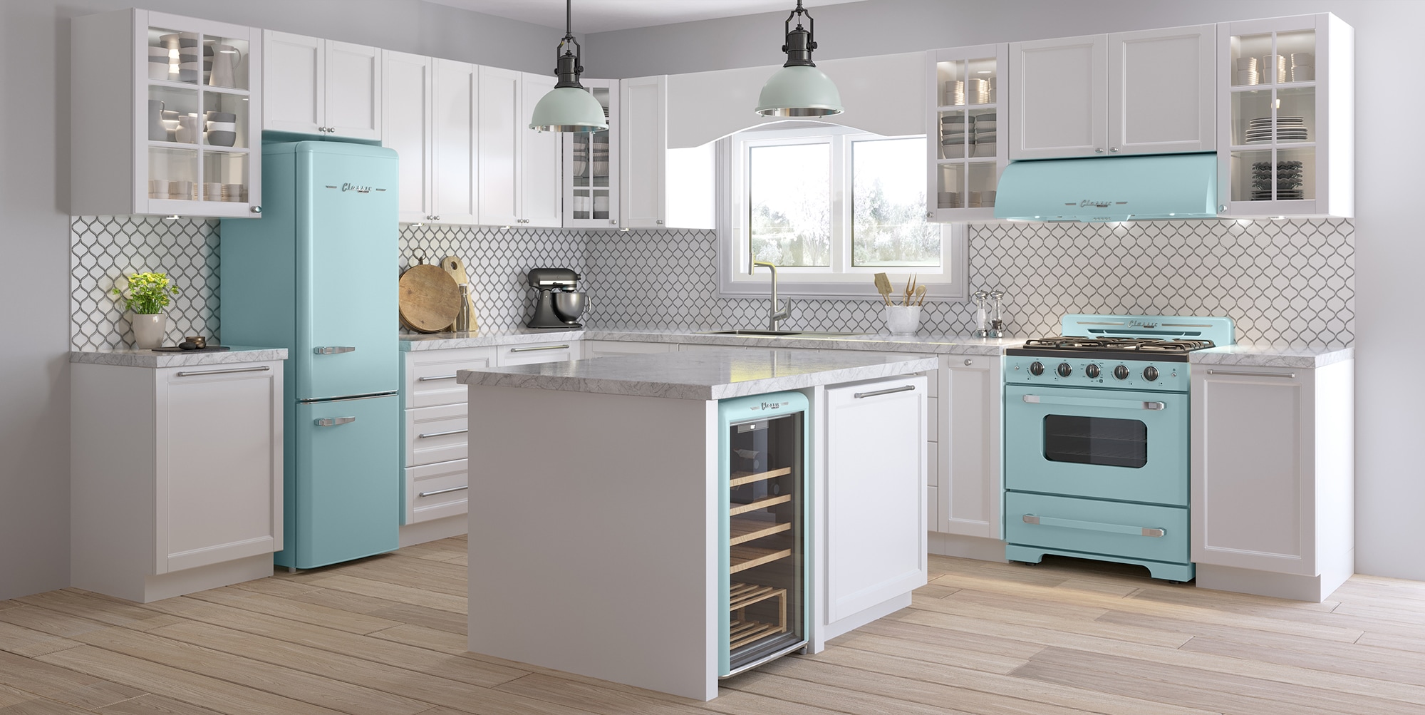Refrigerador único de estilo clásico retro con congelador inferior de 11.7 pies cúbicos de profundidad de mostrador en color Ocean Mist Turquesa, certificado ENERGY STAR UGP-330L T AC.
