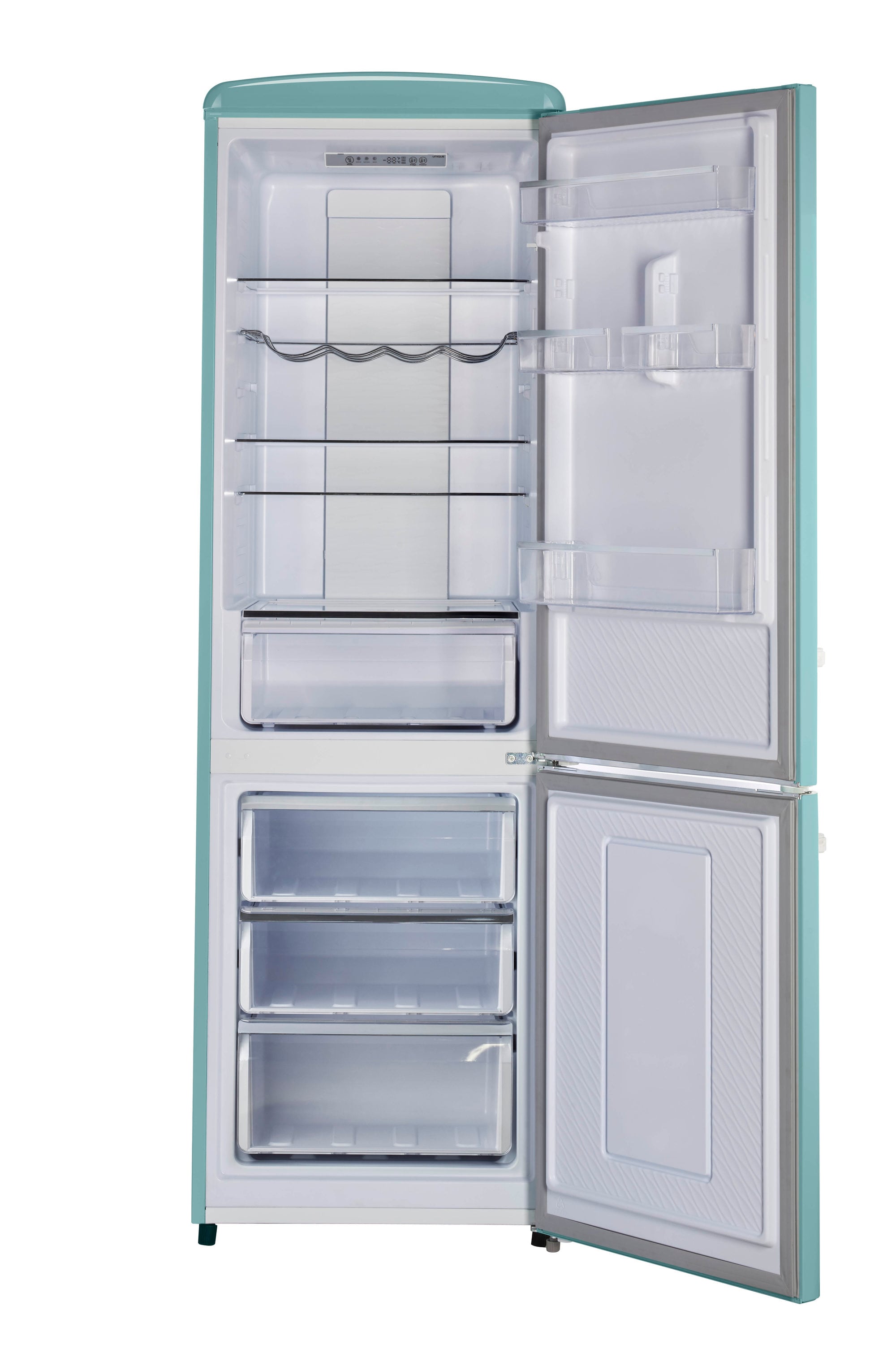 Refrigerador único de estilo clásico retro con congelador inferior de 11.7 pies cúbicos de profundidad de mostrador en color Ocean Mist Turquesa, certificado ENERGY STAR UGP-330L T AC.