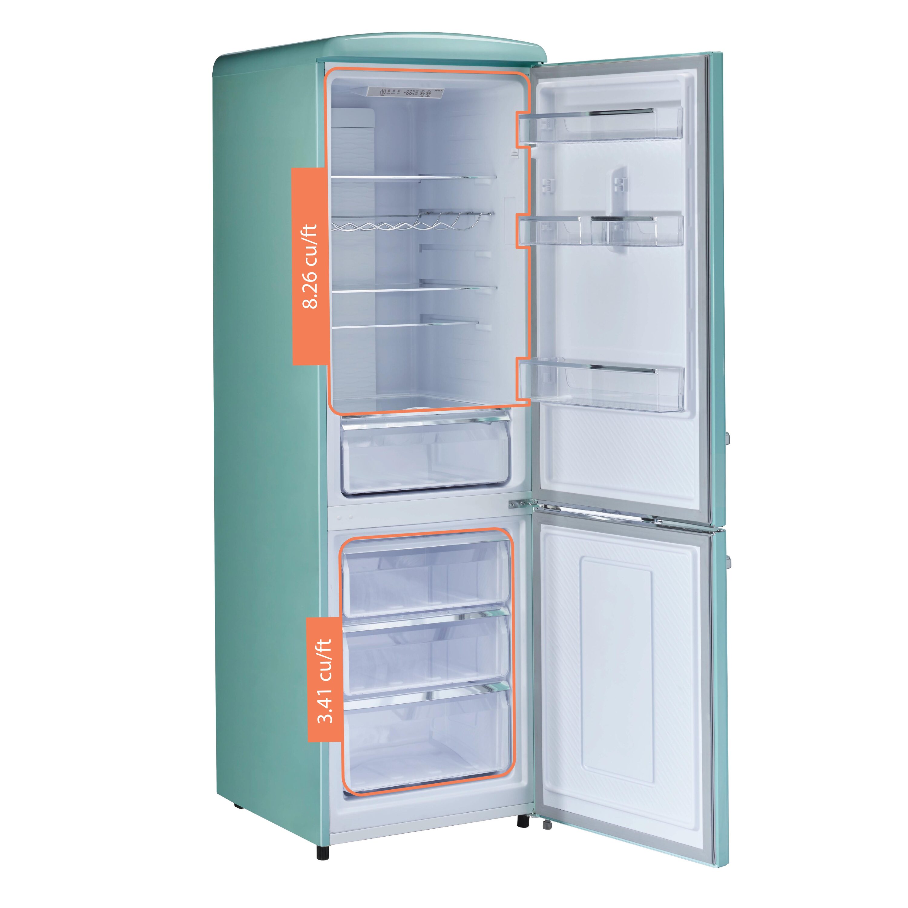 Refrigerador único de estilo clásico retro con congelador inferior de 11.7 pies cúbicos de profundidad de mostrador en color Ocean Mist Turquesa, certificado ENERGY STAR UGP-330L T AC.