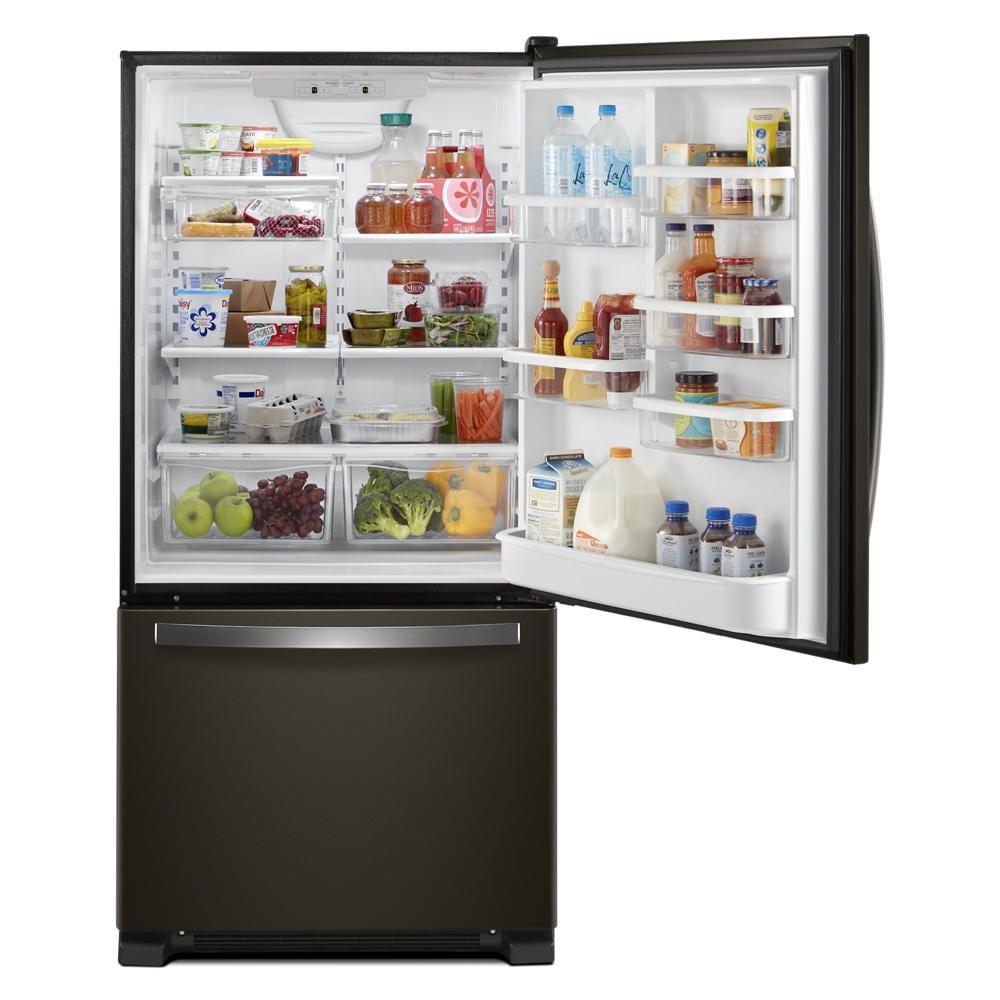 Refrigerador de fondo congelador estándar de 22.1 pies cúbicos de Whirlpool con fabricador de hielo (negro inoxidable resistente a huellas) certificado ENERGY STAR WRB322DMHV