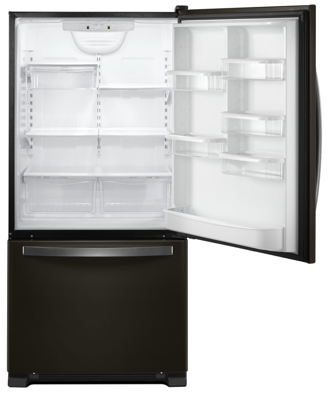 Refrigerador de fondo congelador estándar de 22.1 pies cúbicos de Whirlpool con fabricador de hielo (negro inoxidable resistente a huellas) certificado ENERGY STAR WRB322DMHV