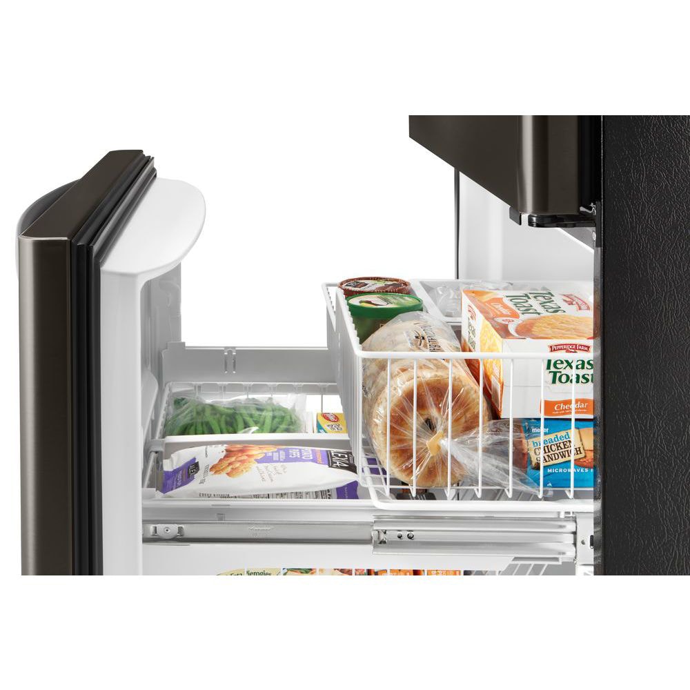 Refrigerador de fondo congelador estándar de 22.1 pies cúbicos de Whirlpool con fabricador de hielo (negro inoxidable resistente a huellas) certificado ENERGY STAR WRB322DMHV