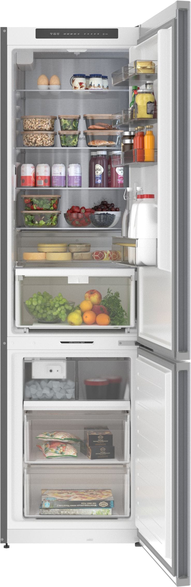 Refrigerador empotrado de fondo congelador, fabricante de hielo y certificación ENERGY STAR de la serie 800 de Bosch de acero inoxidable con una capacidad de 12.8 pies cúbicos.