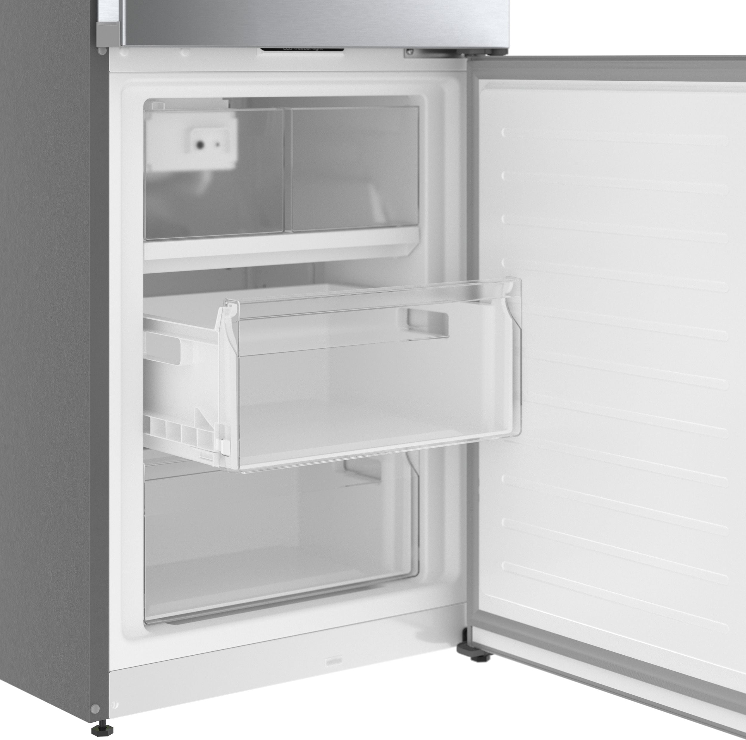 Refrigerador empotrado de fondo congelador, fabricante de hielo y certificación ENERGY STAR de la serie 800 de Bosch de acero inoxidable con una capacidad de 12.8 pies cúbicos.