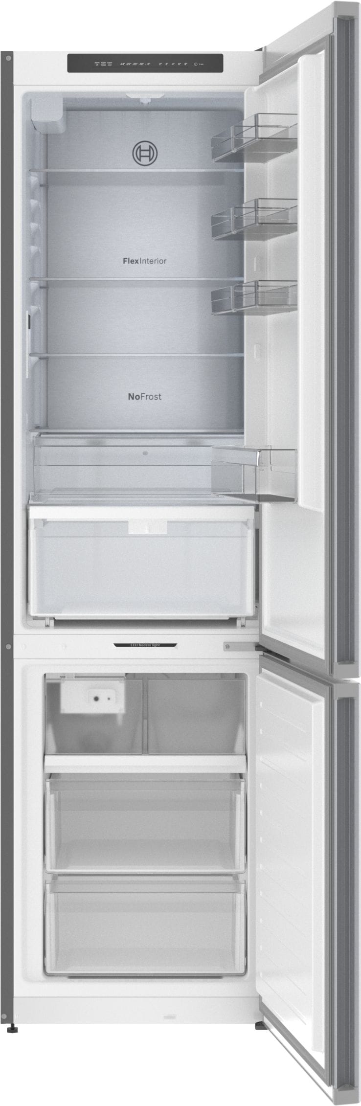Refrigerador empotrado de fondo congelador, fabricante de hielo y certificación ENERGY STAR de la serie 800 de Bosch de acero inoxidable con una capacidad de 12.8 pies cúbicos.