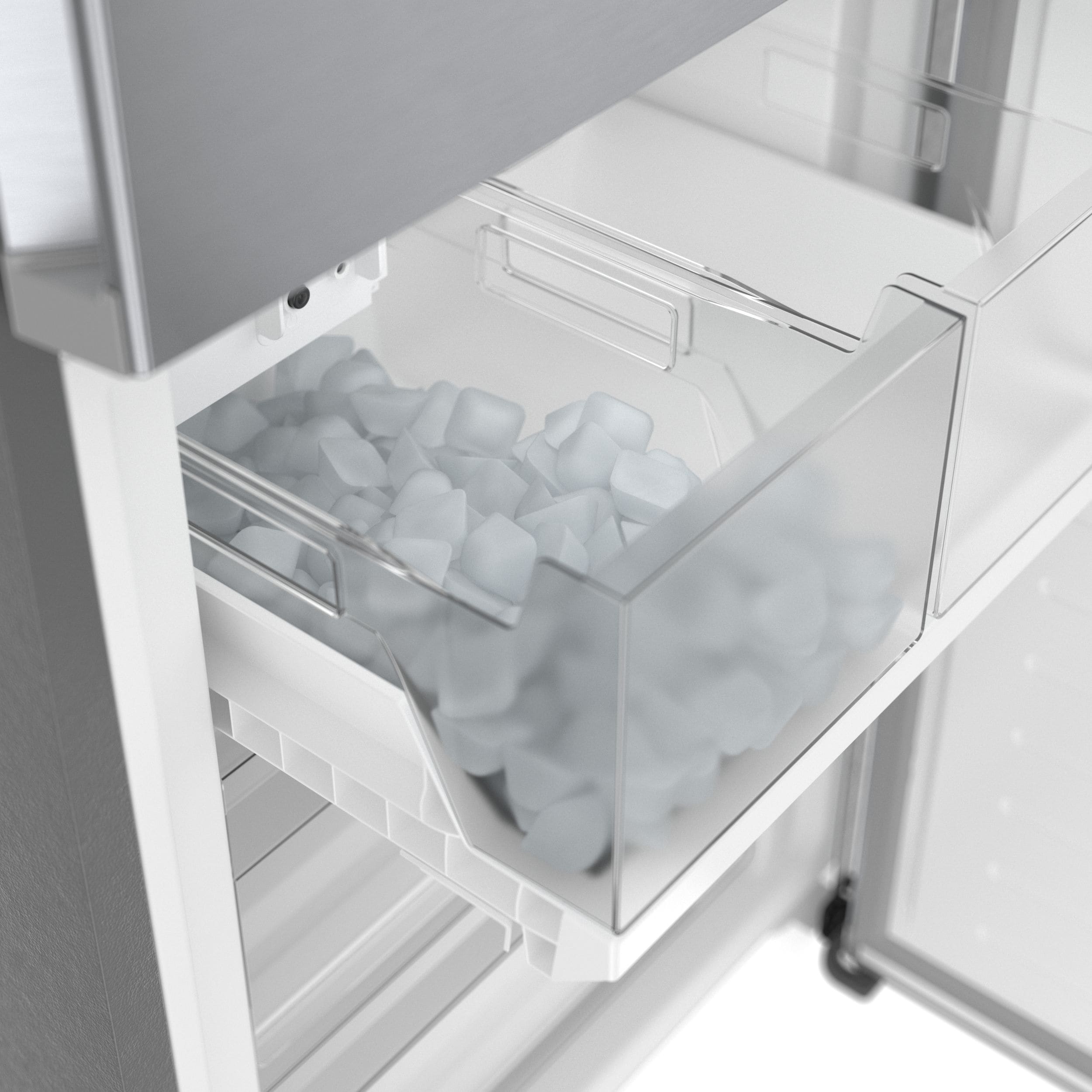Refrigerador empotrado de fondo congelador, fabricante de hielo y certificación ENERGY STAR de la serie 800 de Bosch de acero inoxidable con una capacidad de 12.8 pies cúbicos.