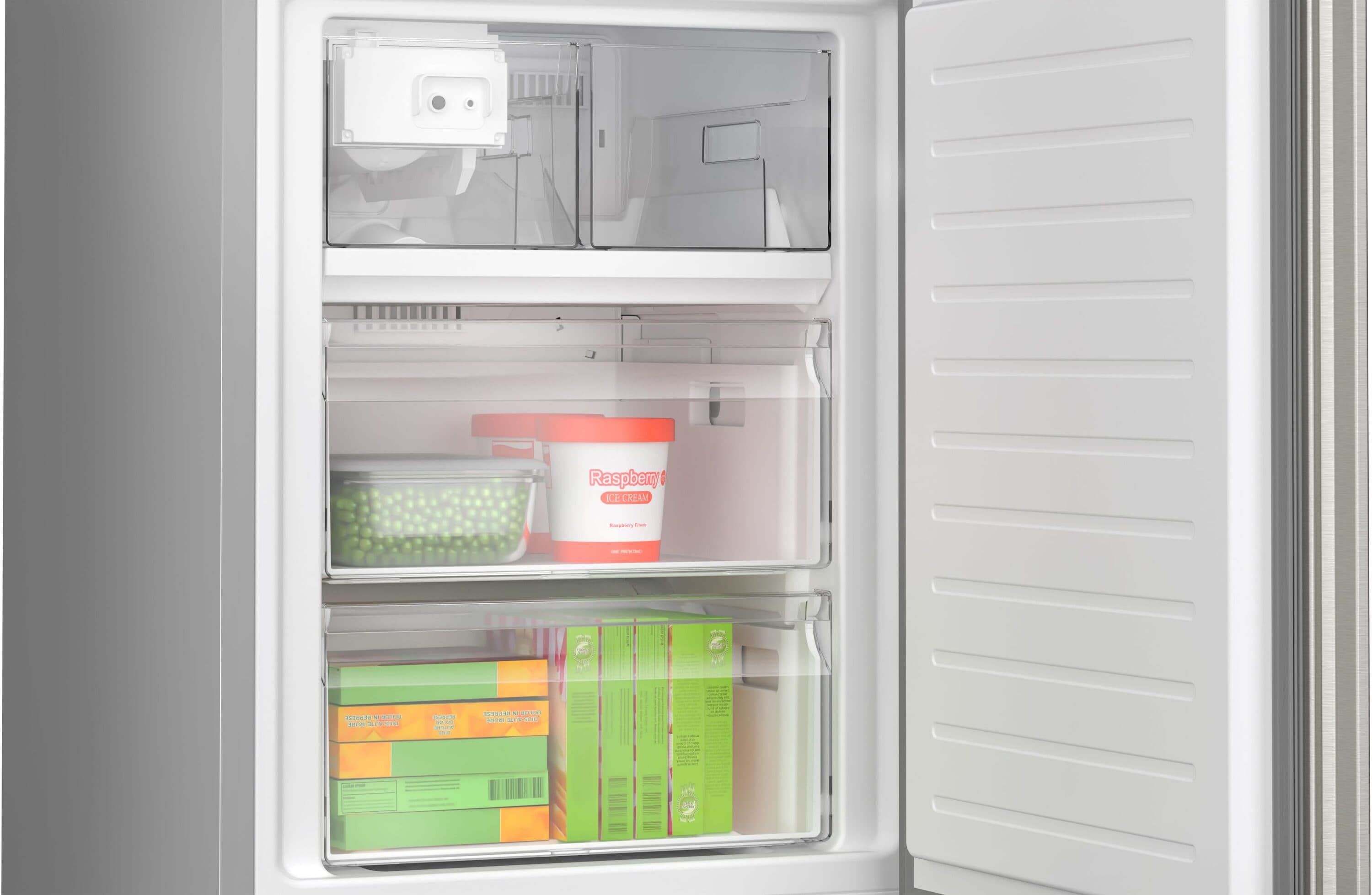 Refrigerador empotrado de fondo congelador, fabricante de hielo y certificación ENERGY STAR de la serie 800 de Bosch de acero inoxidable con una capacidad de 12.8 pies cúbicos.