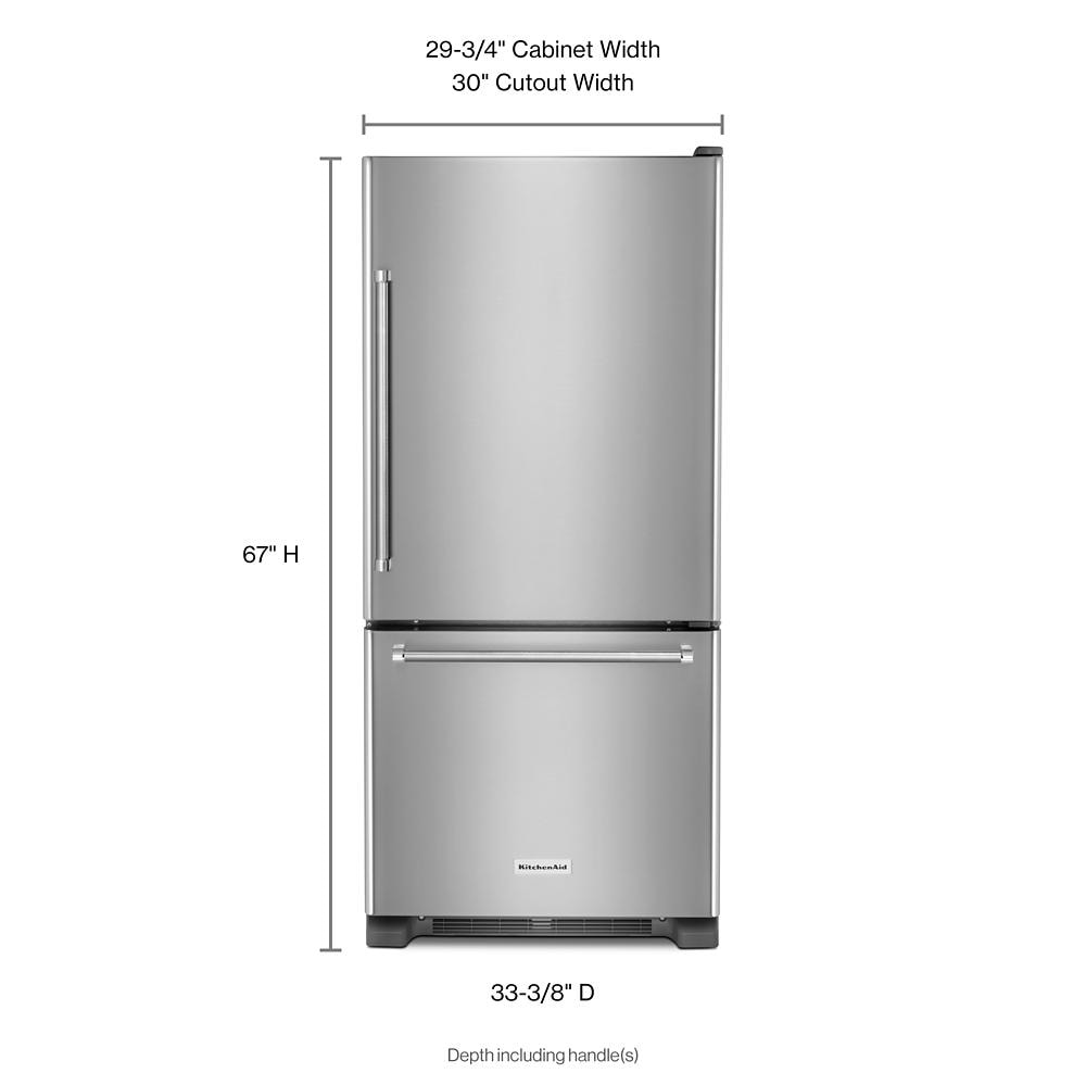 Refrigerador de fondo con congelador estándar de 18.67 pies cúbicos de KitchenAid, fabricante de hielo opcional (se vende por separado) (Acero inoxidable) Certificado ENERGY STAR KRBR109ESS