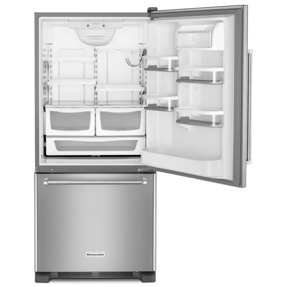 Refrigerador de fondo con congelador estándar de 18.67 pies cúbicos de KitchenAid, fabricante de hielo opcional (se vende por separado) (Acero inoxidable) Certificado ENERGY STAR KRBR109ESS