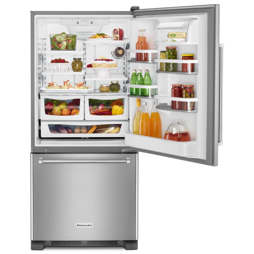 Refrigerador de fondo con congelador estándar de 18.67 pies cúbicos de KitchenAid, fabricante de hielo opcional (se vende por separado) (Acero inoxidable) Certificado ENERGY STAR KRBR109ESS