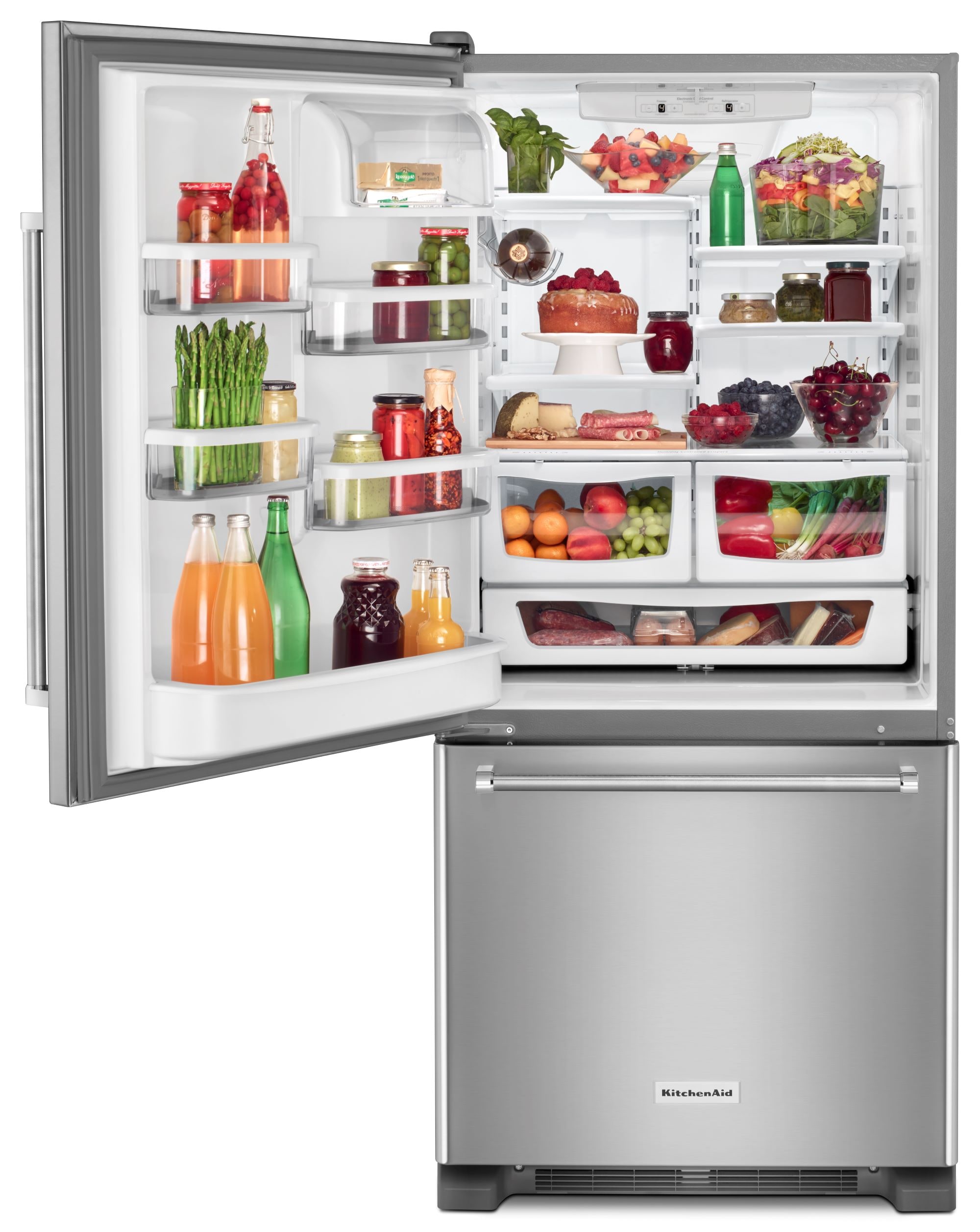 Refrigerador con congelador inferior de profundidad estándar de 18.67 pies cúbicos de KitchenAid con opción de fabricador de hielo (se vende por separado) (acero inoxidable) KRBL109ESS