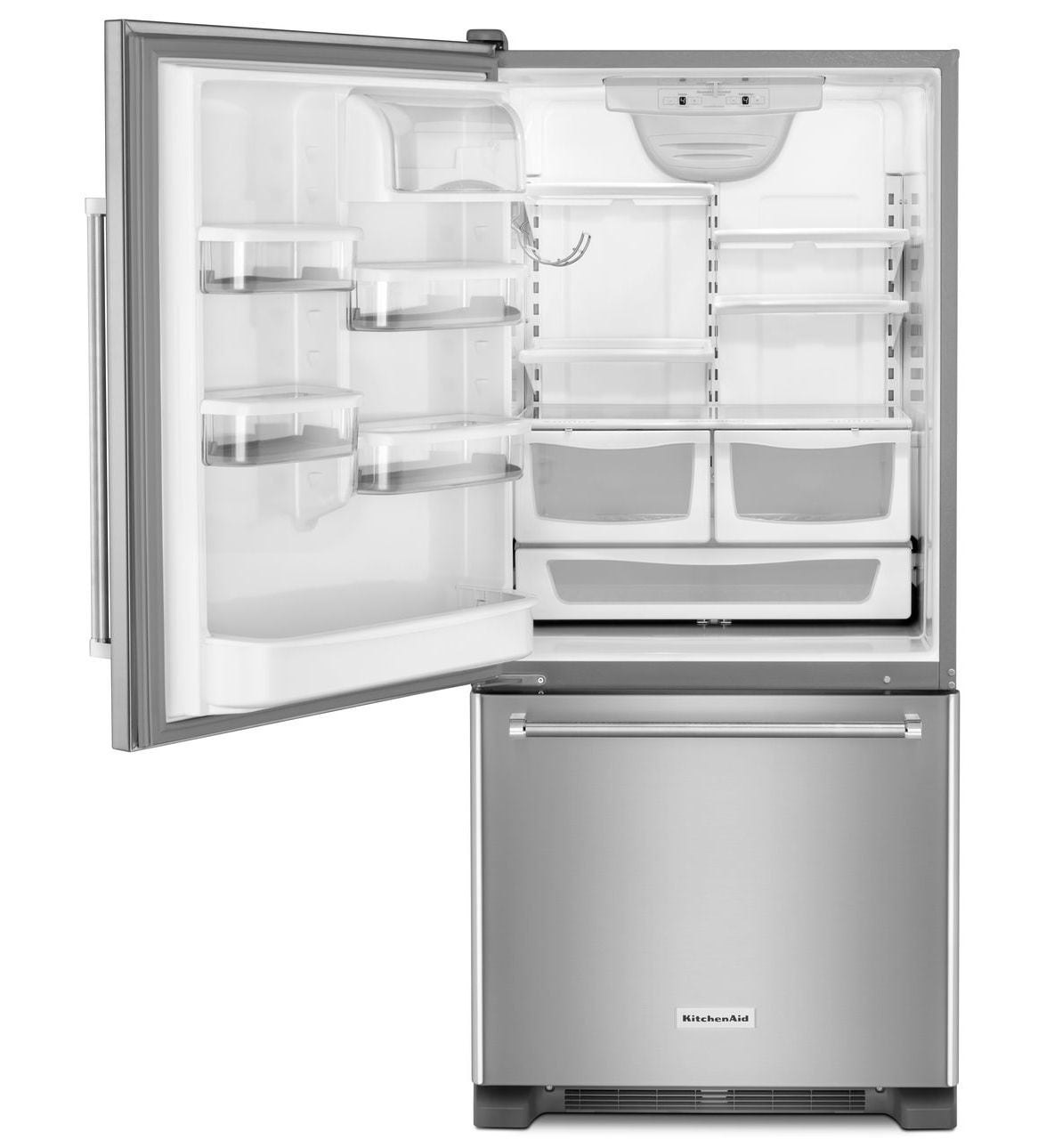 Refrigerador con congelador inferior de profundidad estándar de 18.67 pies cúbicos de KitchenAid con opción de fabricador de hielo (se vende por separado) (acero inoxidable) KRBL109ESS