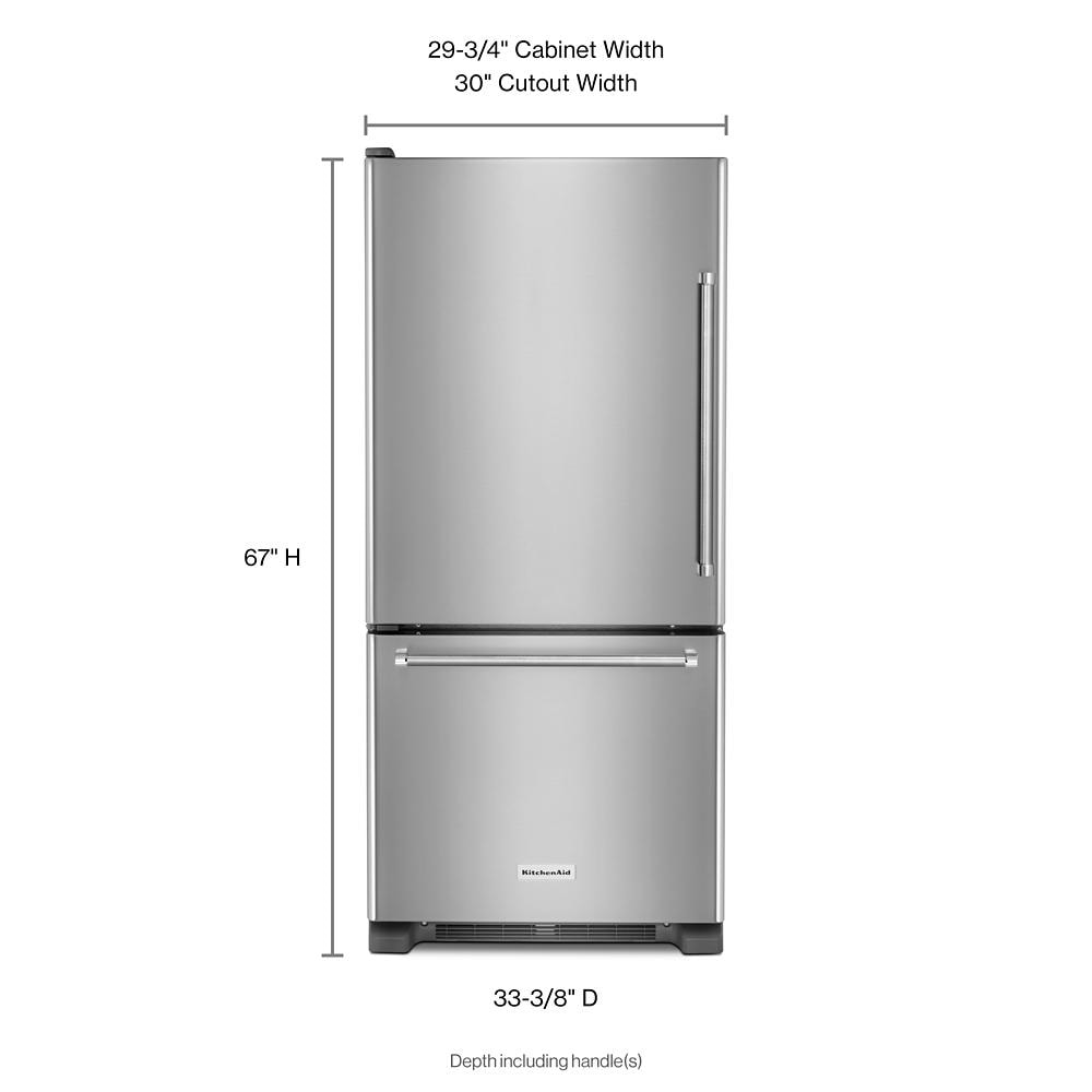 Refrigerador con congelador inferior de profundidad estándar de 18.67 pies cúbicos de KitchenAid con opción de fabricador de hielo (se vende por separado) (acero inoxidable) KRBL109ESS