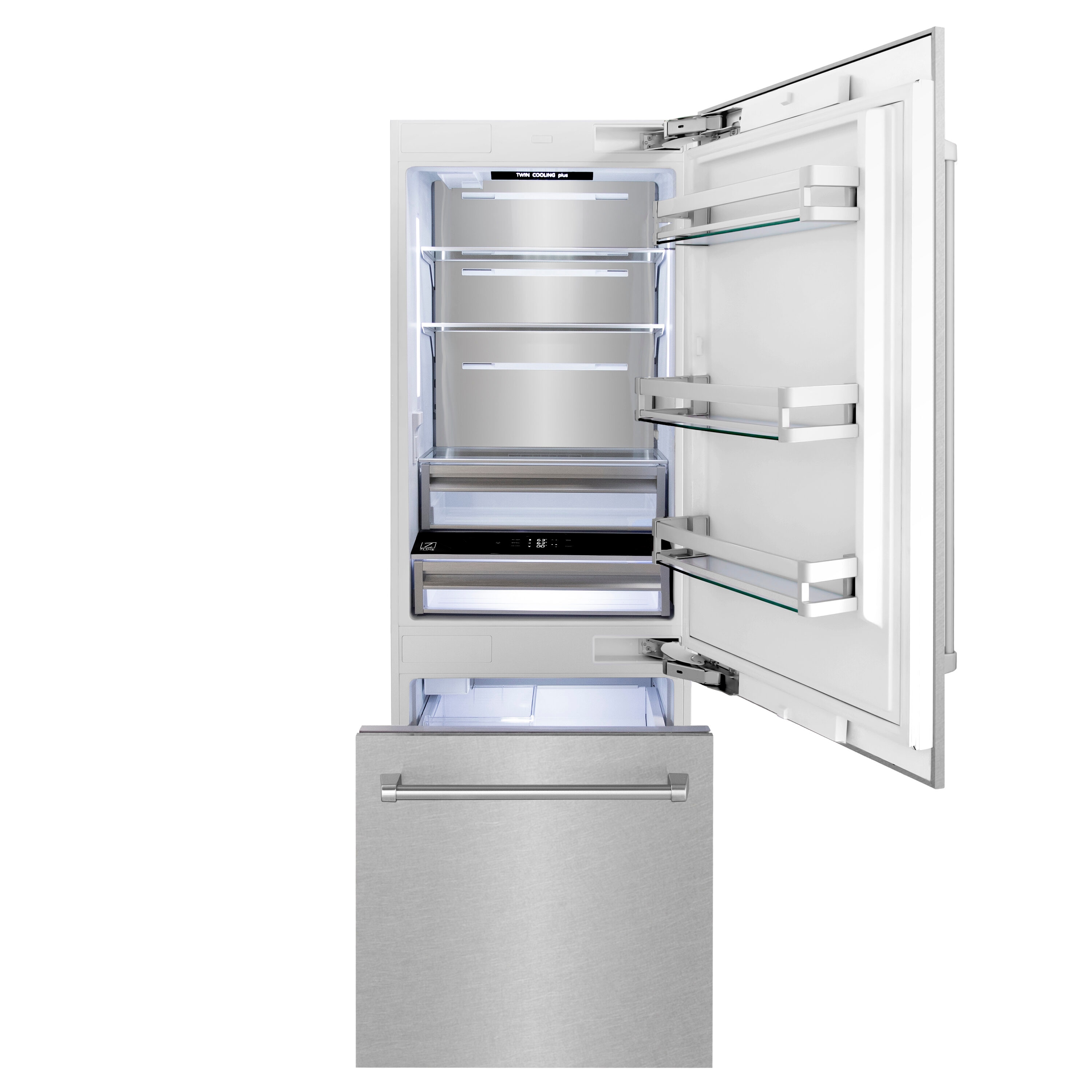 Refrigerador empotrado de fondo congelador y máquina de hielo de 16.1 pies cúbicos de acero inoxidable DuraSnow#174 certificado por ENERGY STAR de ZLINE KITCHEN & BATH (RBIV-SN-30)