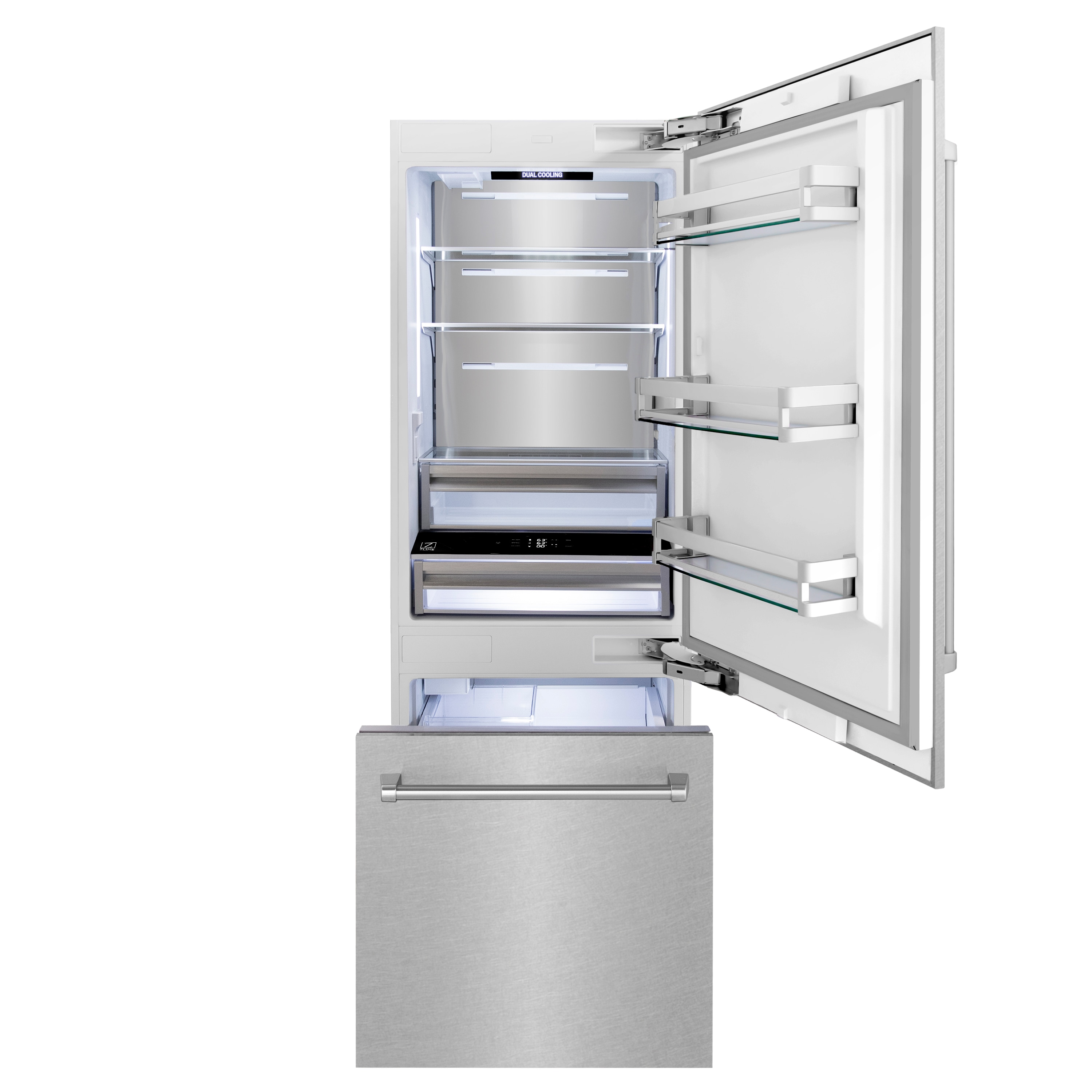 Refrigerador empotrado de fondo congelador y máquina de hielo de 16.1 pies cúbicos de acero inoxidable DuraSnow#174 certificado por ENERGY STAR de ZLINE KITCHEN & BATH (RBIV-SN-30)