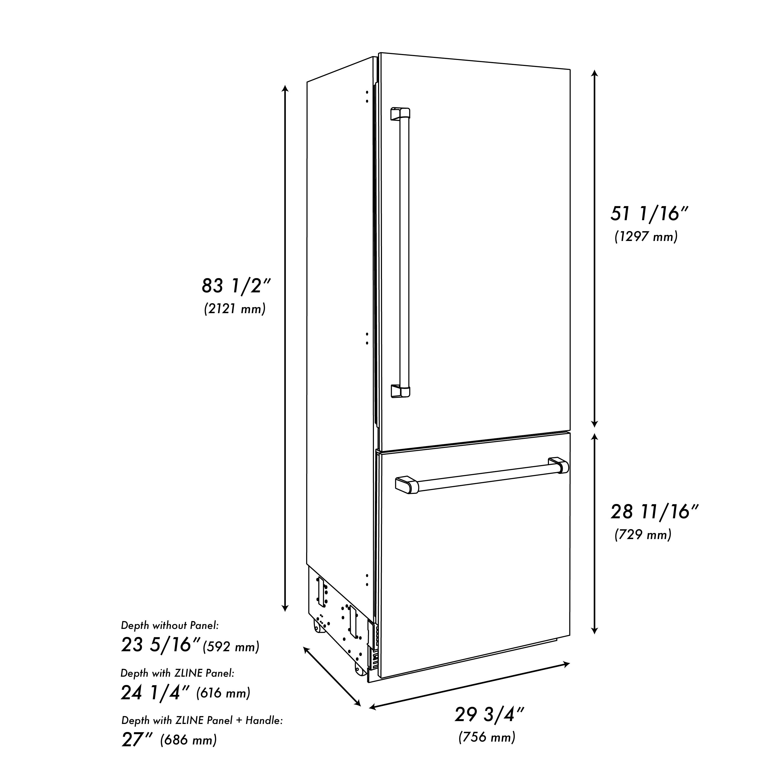 Refrigerador empotrado de fondo congelador y máquina de hielo de 16.1 pies cúbicos de acero inoxidable DuraSnow#174 certificado por ENERGY STAR de ZLINE KITCHEN & BATH (RBIV-SN-30)