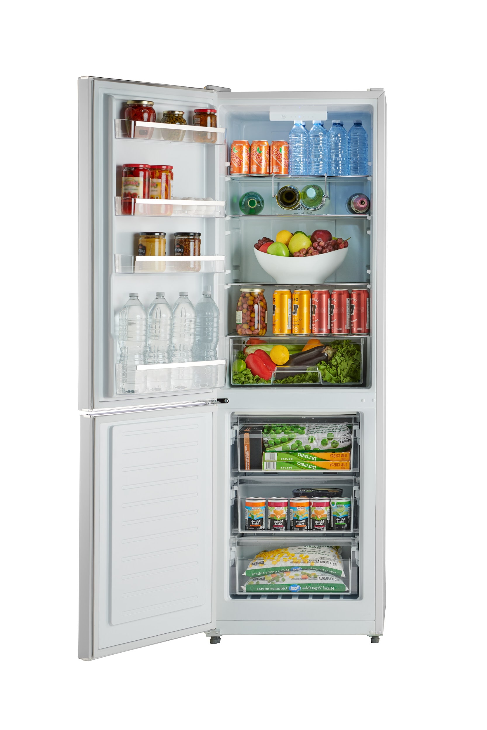 Refrigerador con congelador inferior de profundidad estándar de 11 pies cúbicos en blanco con estilo retro-moderno.
