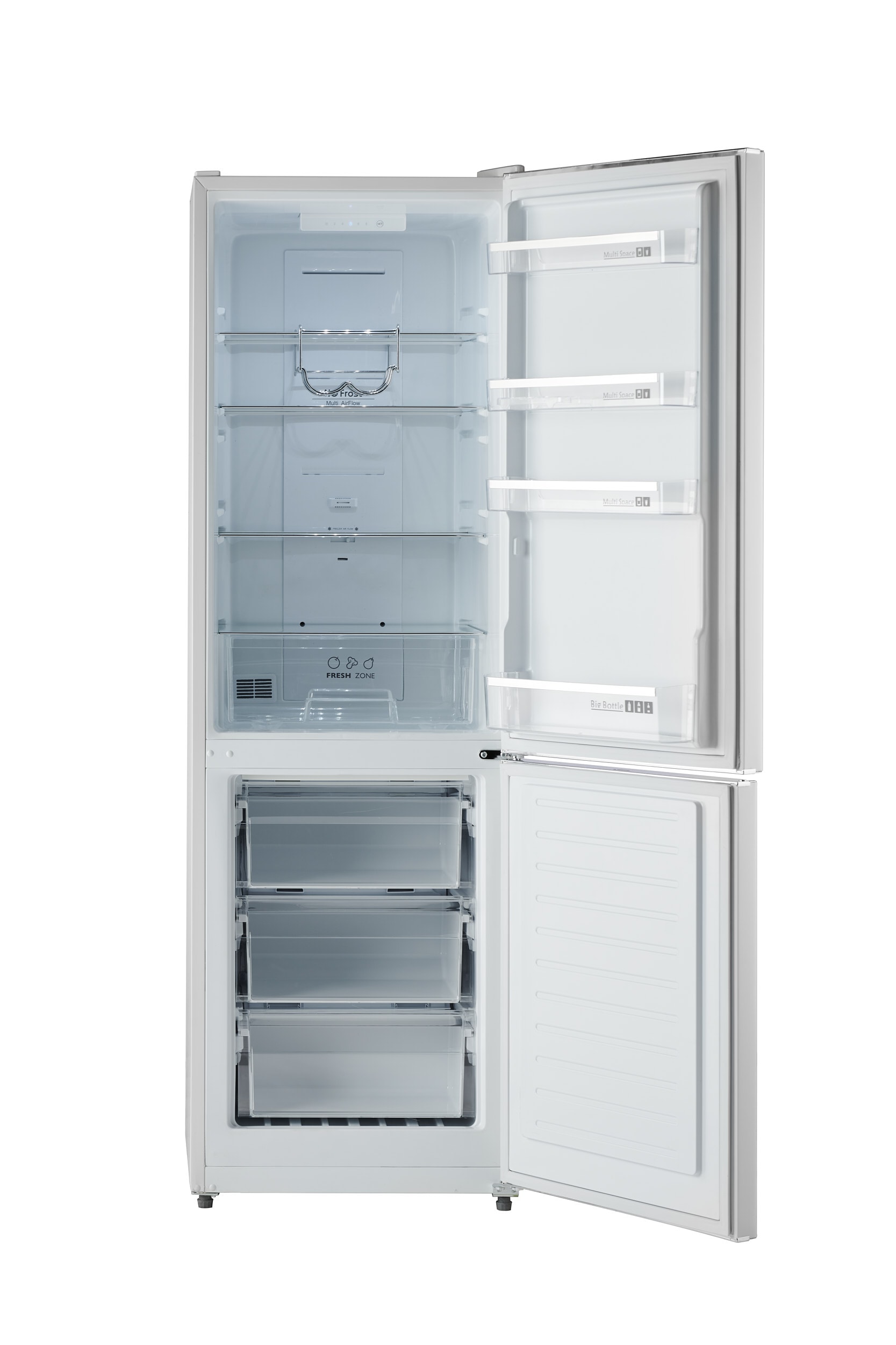 Refrigerador con congelador inferior de profundidad estándar de 11 pies cúbicos en blanco con estilo retro-moderno.