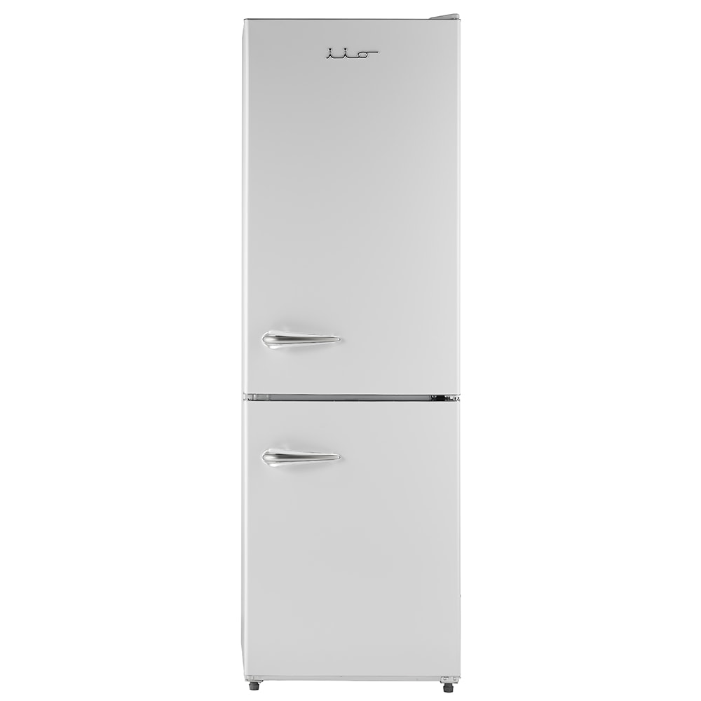 Refrigerador con congelador inferior de profundidad estándar de 11 pies cúbicos en blanco con estilo retro-moderno.